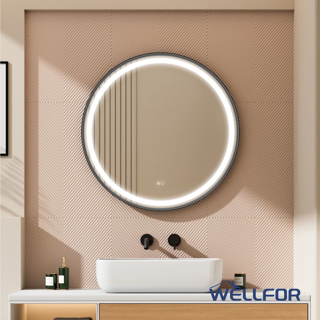 "WELLFOR - 32"" Framed Round LED Bathroom Mirror, Anti-Fog Wall-Mounted Vanity Mirror with Dimmable& Memory Function - Matte Black" price history on PriceWatchPro
