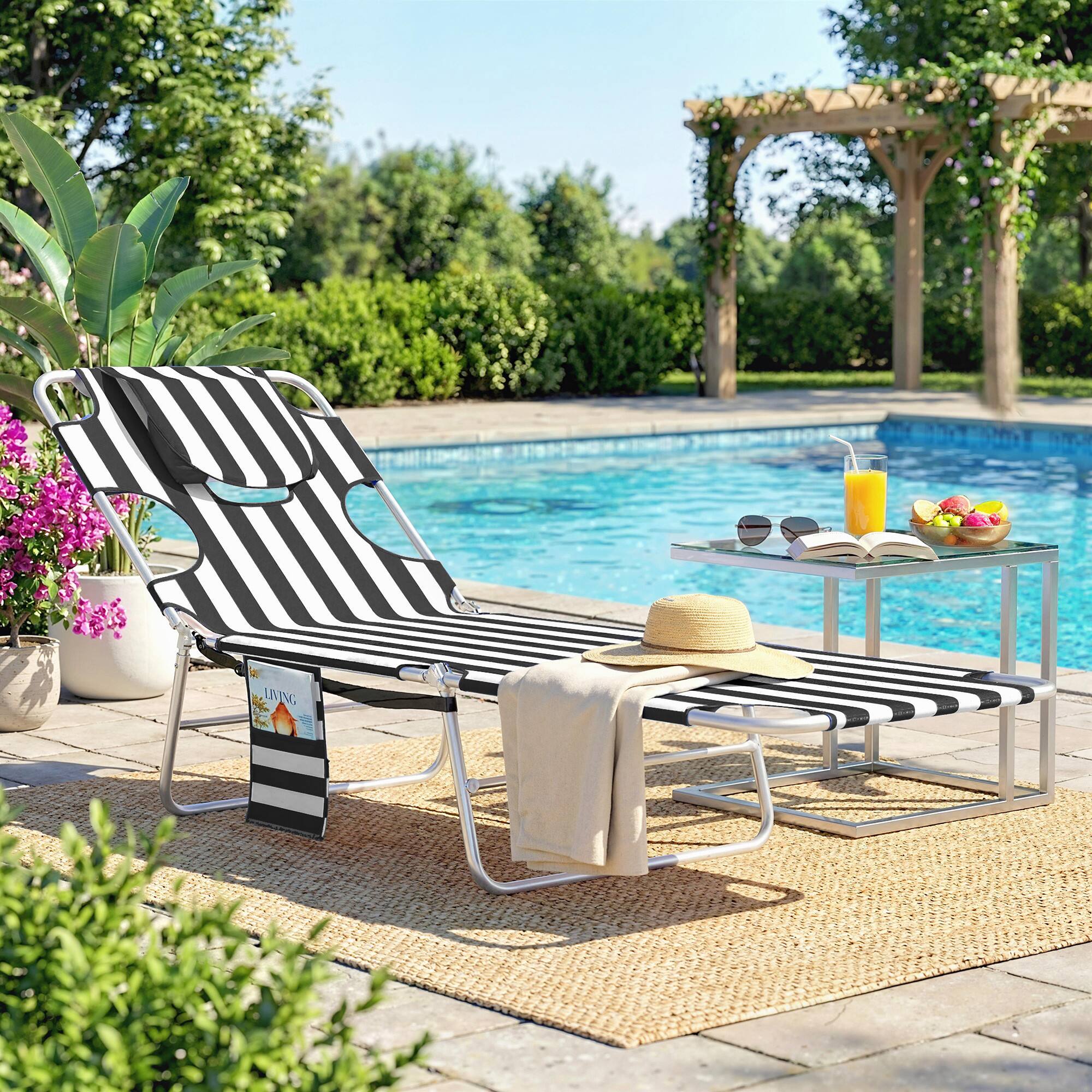 Alt View 1. Outsunny - Chair with Face Hole, 5-Level Adjustable Outdoor Chaise Lounge Chair with Pillow for Beach, Pool - Black Stripe.