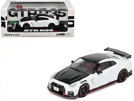 Nissan GT-R (R35) Nismo RHD (Right Hand Drive) Hood and Top 1/64 Diecast Model Car by Inno Models - White with Carbon