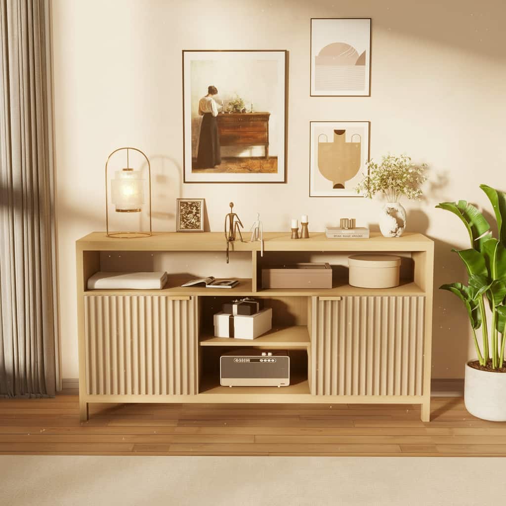 GARVEE - Fluted TV Stand for 65" TV, Adjustable Shelves - Oak