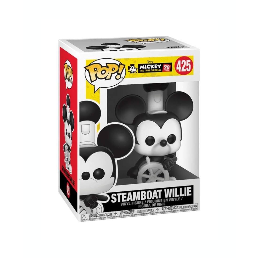 E n Disy MICKEY 90 THE TRUE ORIGINAL TAS 1 POP! 425 W1  BLE STEAMBOAT WILLIE EN VINYLE I FIGURE / FIGURINE VINYL FIGURA DE VINIL PELIGRO DE ASFOGA ETOUFFEMENT A ADVERTENCIA:  3 - AVEISSEMENT ENT DANGER I A 3 Pate HAZARO - WARNING CHIING NM