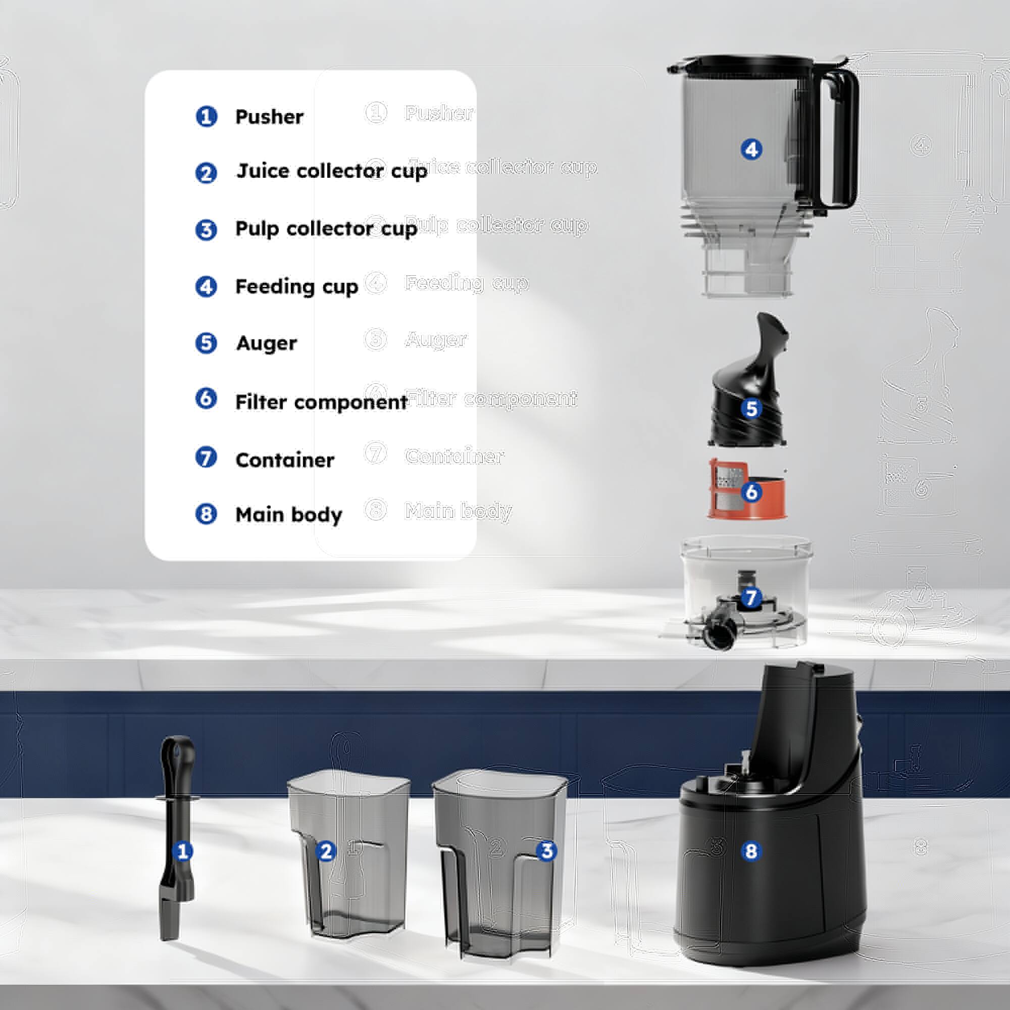 1. Pusher
2. Juice collector cup
3. Pulp collector cup
4. Feeding cup
5. Auger
6. Filter component
7. Container
8. Main body