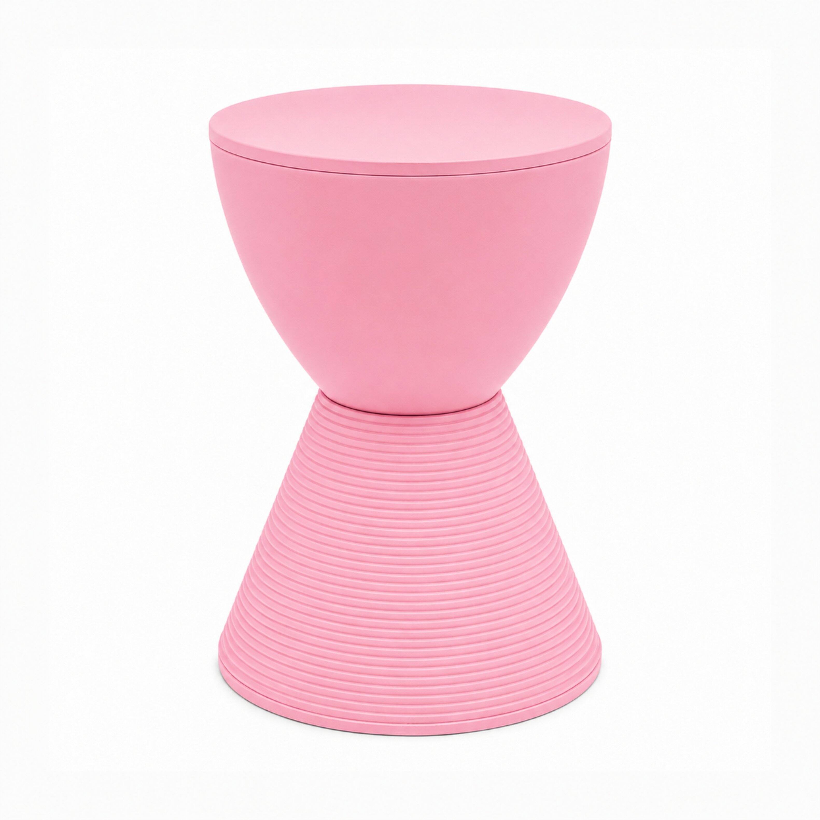 Front. LeisureMod - Boyd Modern Round Hourglass Accent Side Table, Drum Storage Table with Ribbed Base for Indoor & Outdoor Use - Pink.
