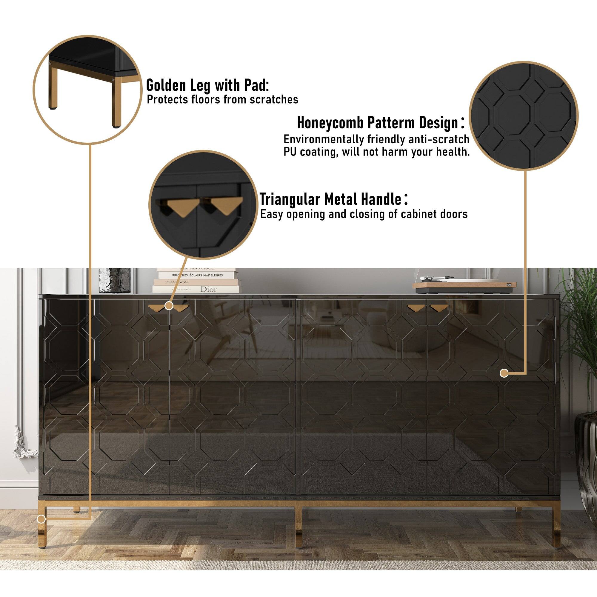 Golden Leg with Pad: Protects floors from scratches

Honeycomb Pattern Design: Environmentally friendly anti-scratch PU coating, will not harm your health.

Triangular Metal Handle: Easy opening and closing of cabinet doors