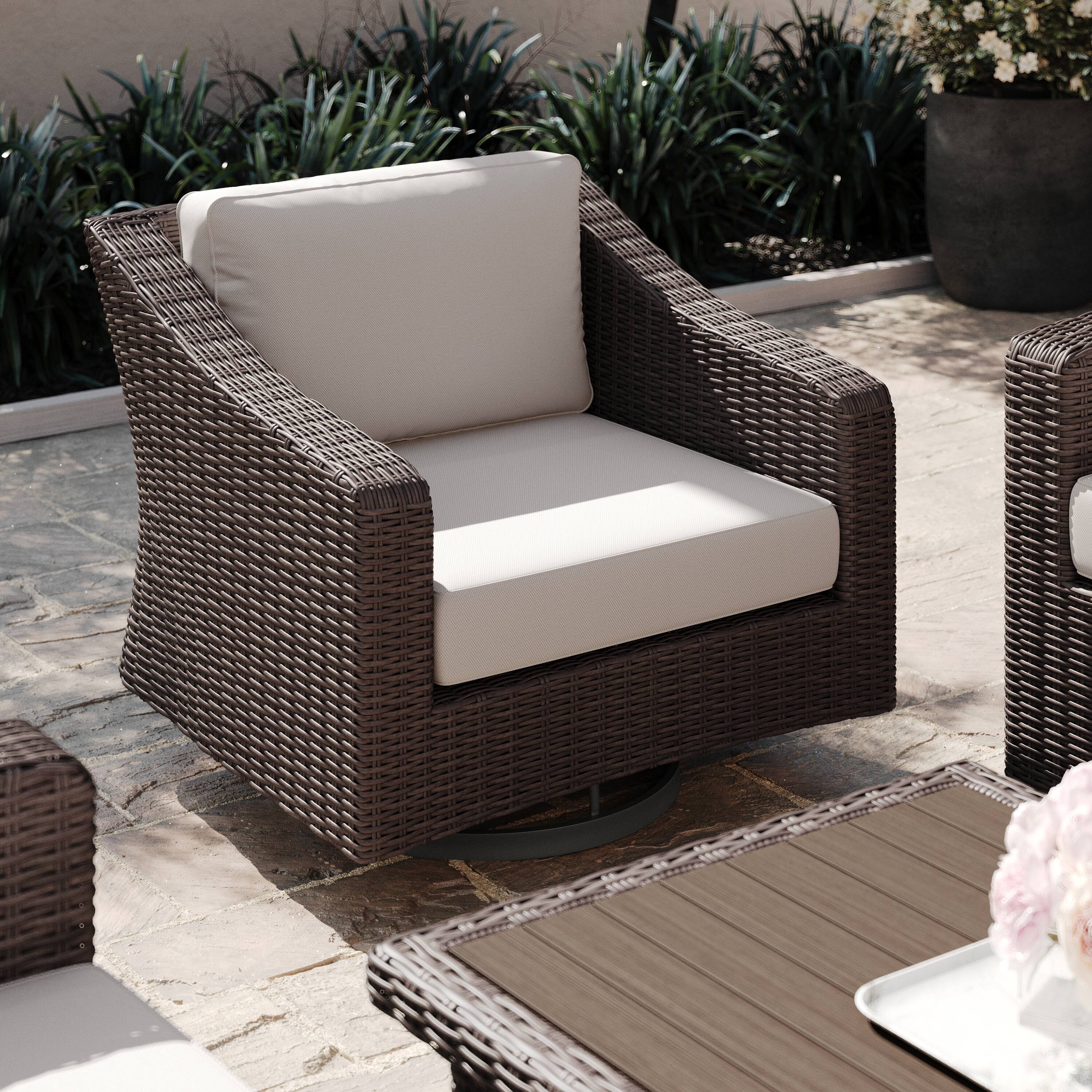Alt View 4. Martha Stewart - Bedford Outdoor Rattan Wicker Swivel Chair with All-Weather Cushions - Tan Cushions/Brown Frame.