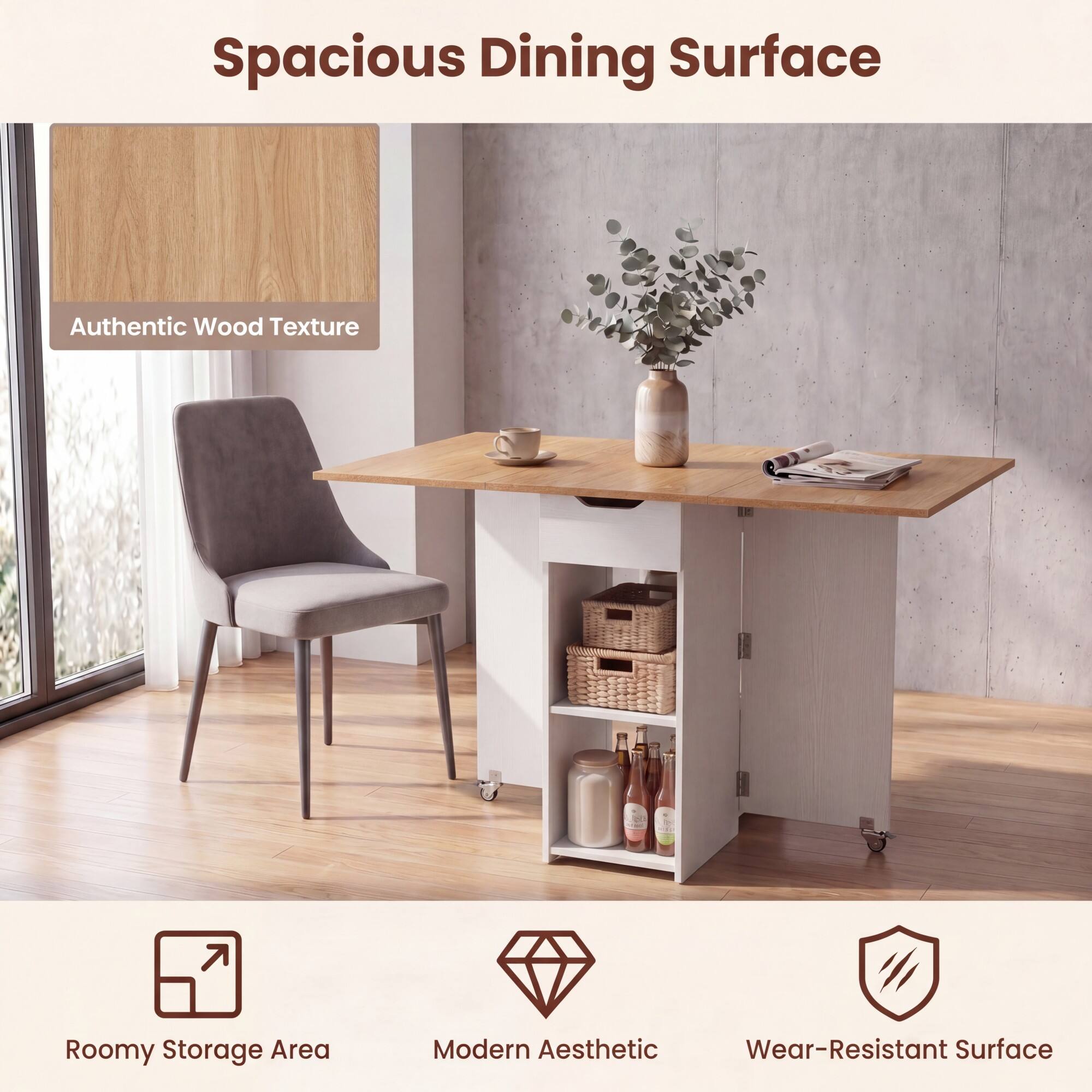 Spacious Dining Surface  
Authentic Wood Texture  
Roomy Storage Area  
Modern Aesthetic  
Wear-Resistant Surface
