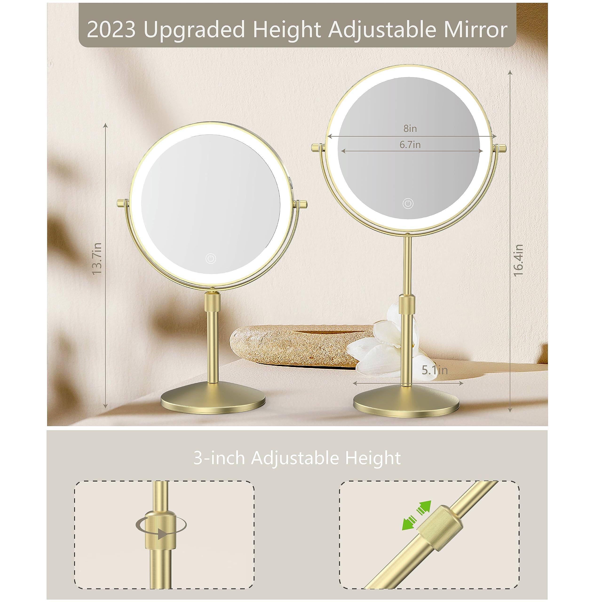 2023 Upgraded Height Adjustable Mirror

- Diameter: 8in
- Depth: 6.7in
- Height: 13.7in to 16.4in
- Base Diameter: 5.1in

3-inch Adjustable Height