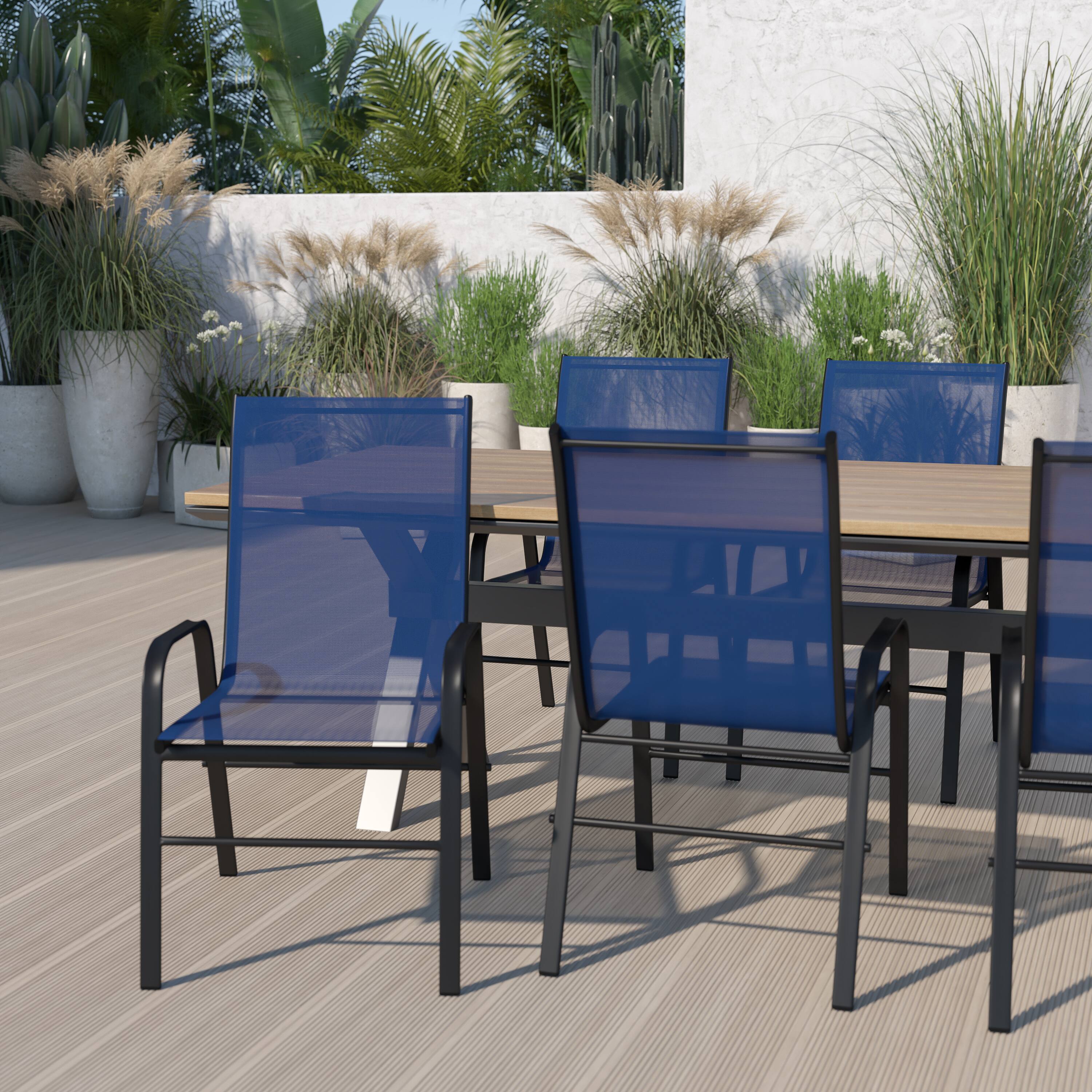 Alt View 2. Emma + Oliver - 5 Pack. Outdoor Stack Chair with Flex Comfort Material and Metal Frame - Navy.