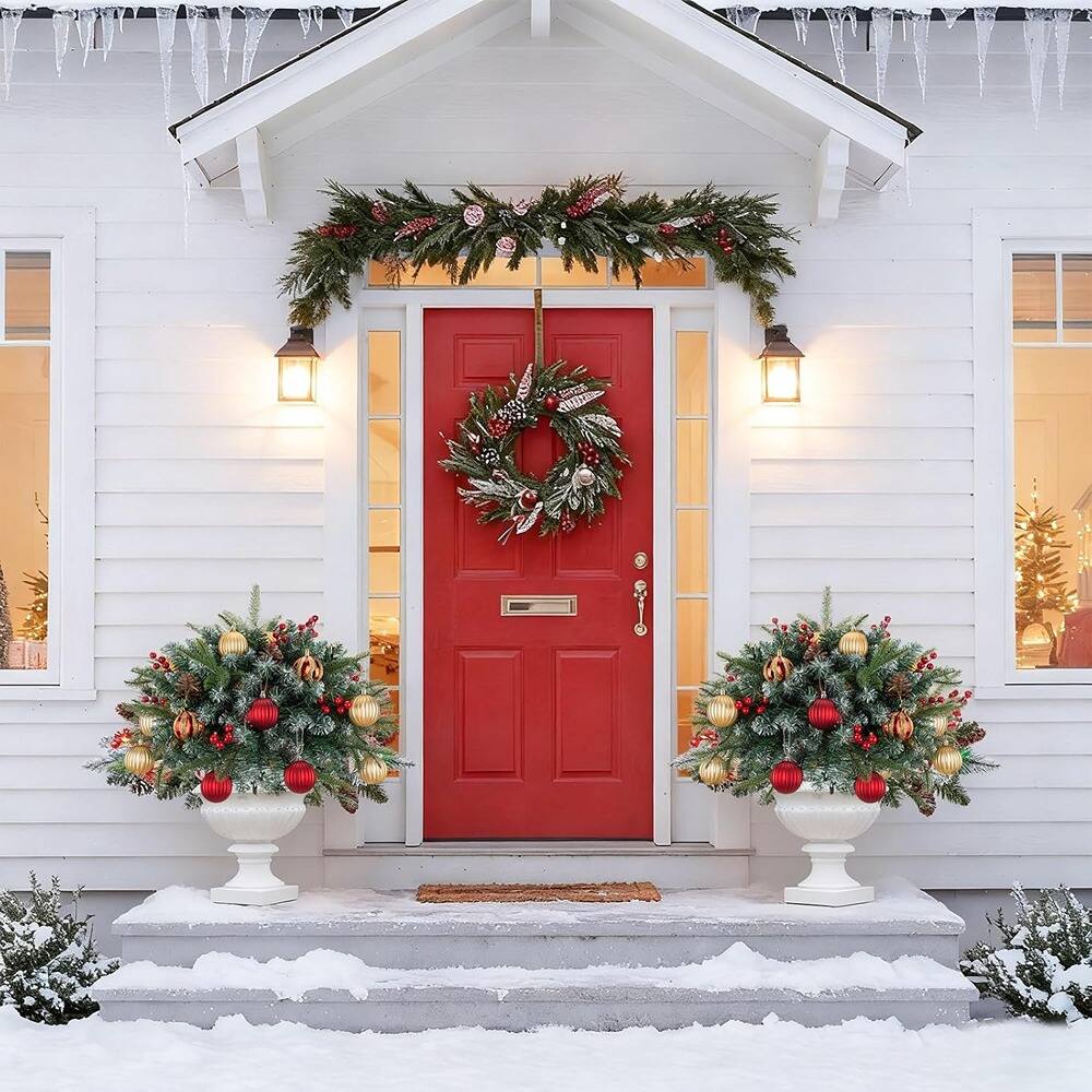 Left. RTMB - 26" Pre-Lit Artificial Christmas Tree Urn Filler w/ Pine Cones & Ornaments - Classic Green.