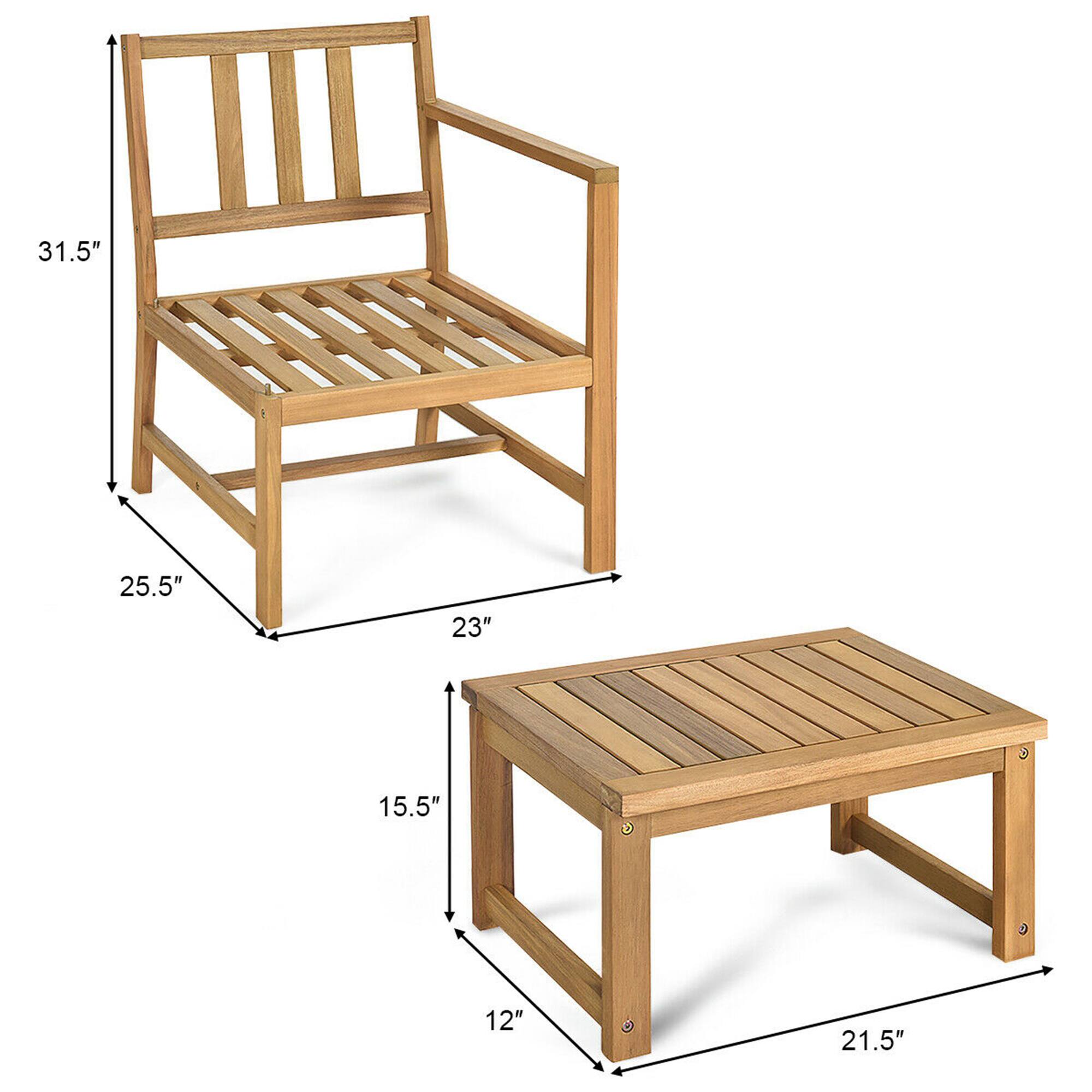 31.5", 25.5", 23" - Chair
15.5", 12", 21.5" - Table