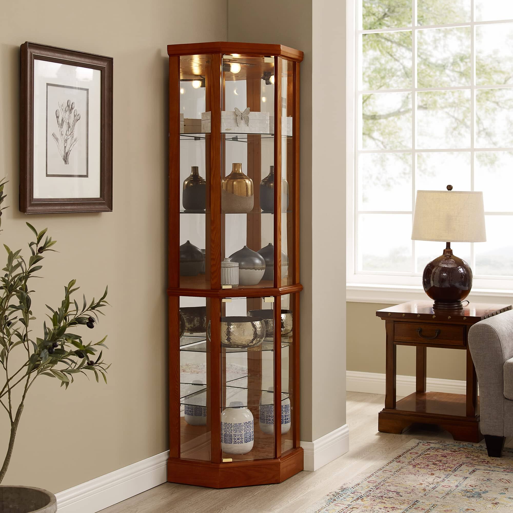 Front. APRILSOUL - Corner Curio Cabinet with Mirrored Panel Tempered Glass Shelves and Transitional Style - Oak.