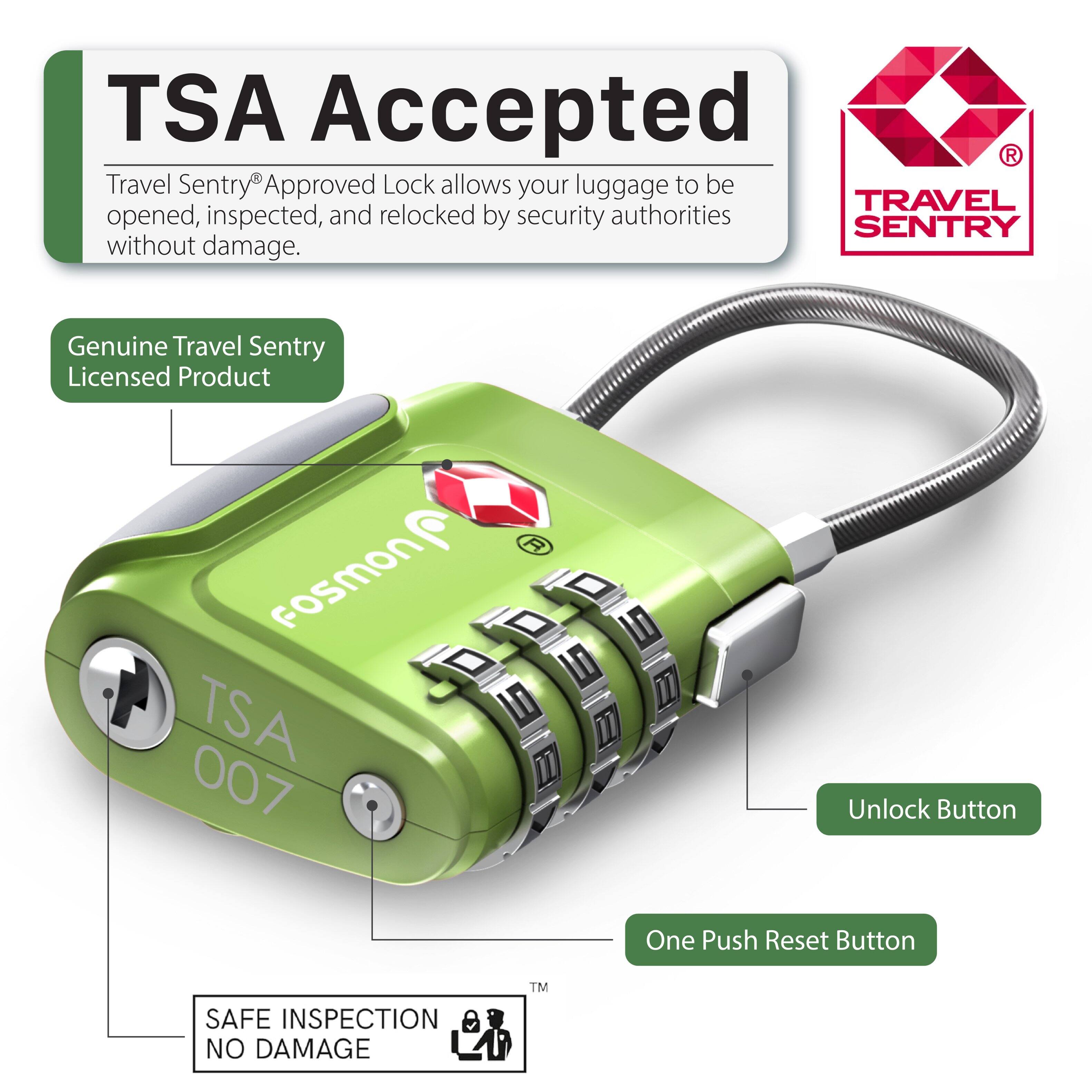 TSA Accepted

Travel Sentry Approved Lock allows your luggage to be opened, inspected, and relocked by security authorities without damage.

Genuine Travel Sentry Licensed Product

FoSMON TSA 007

Unlock Button

One Push Reset Button

SAFE INSPECTION NO DAMAGE