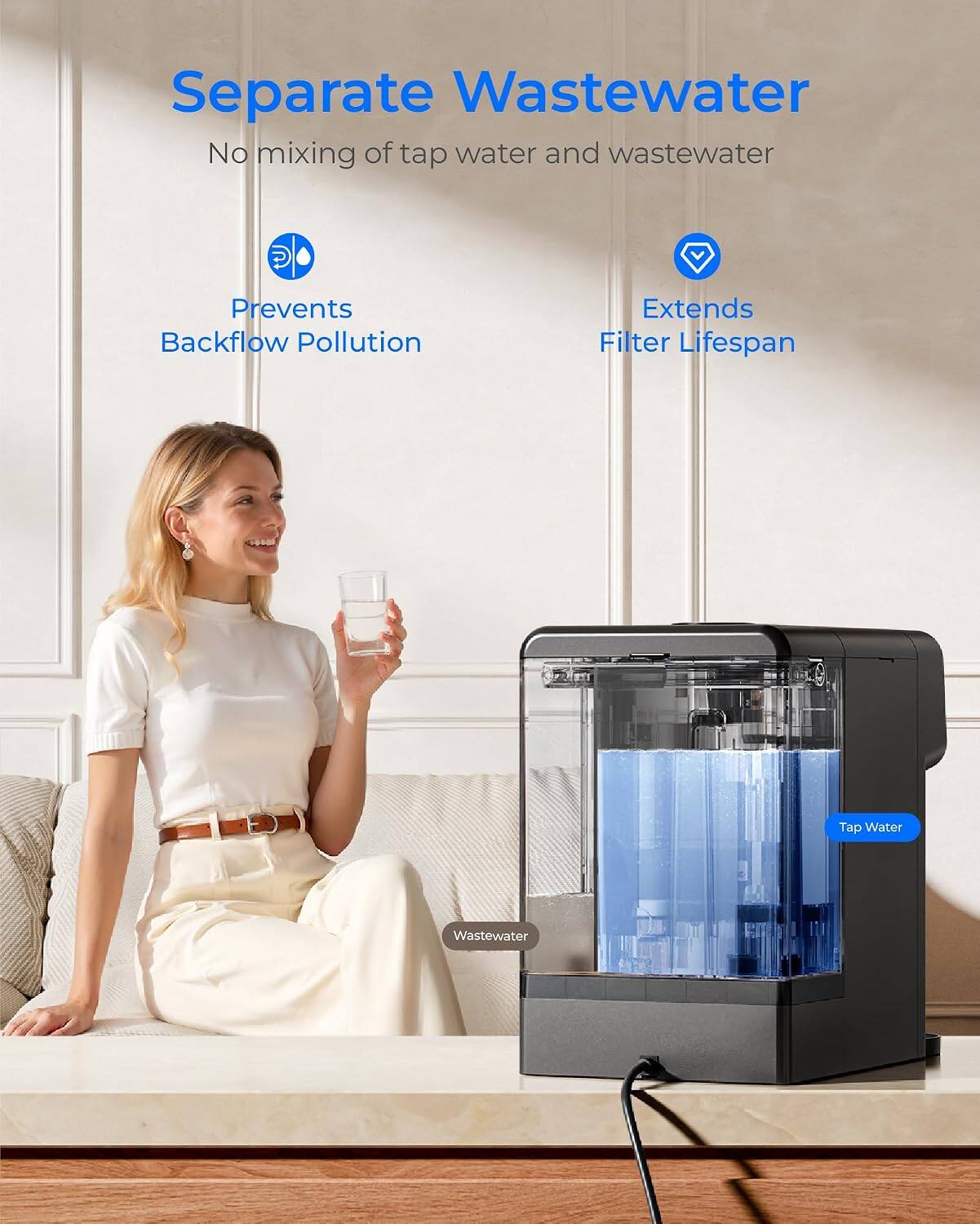 Separate Wastewater  
No mixing of tap water and wastewater

Prevents Backflow Pollution  
Extends Filter Lifespan

Tap Water  
Wastewater