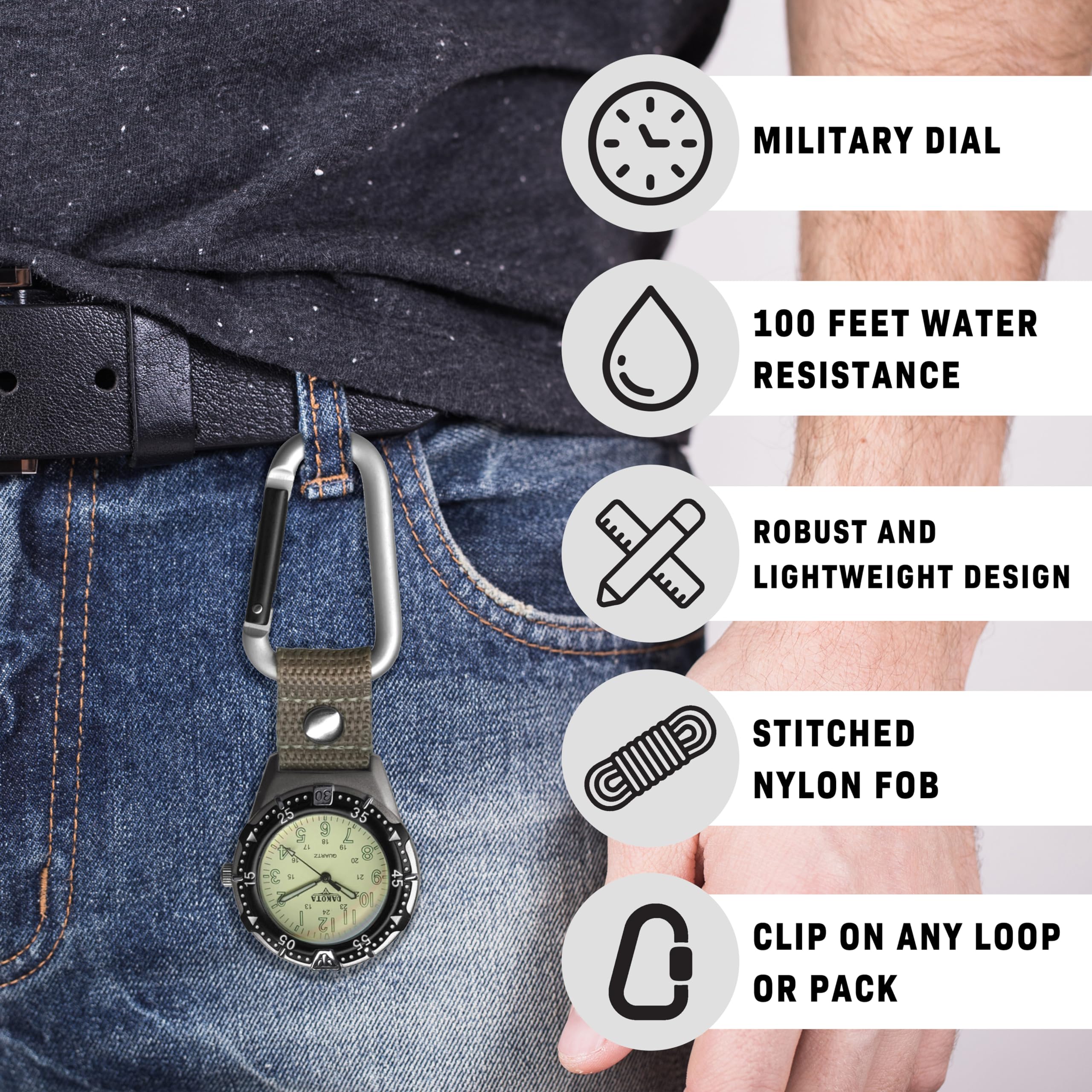MILITARY DIAL  
100 FEET WATER RESISTANCE  
ROBUST AND LIGHTWEIGHT DESIGN  
STITCHED NYLON FOB  
CLIP ON ANY LOOP OR PACK