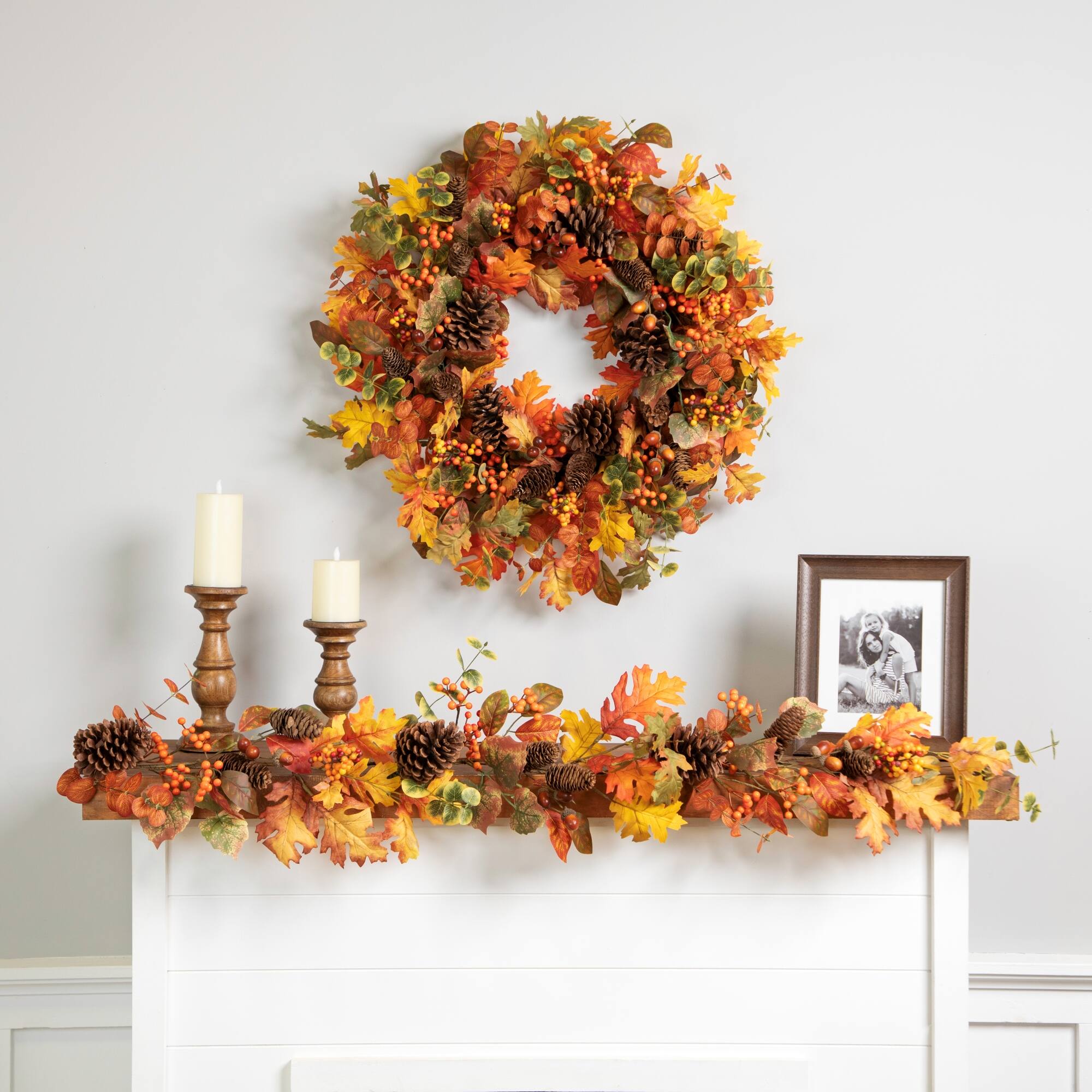 Alt View 3. Northlight - Eucalyptus, Maple Leaves and Acorns Artificial Fall Harvest Wreath - 30" - Orange.