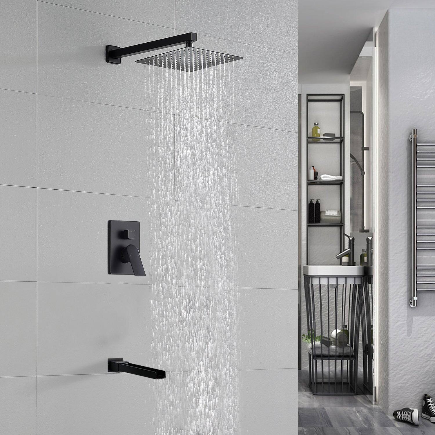 Alt View 2. Boyel Living - Black Shower Set 10 Inch SUS304 Top Spray Waterfall Spout cUPC Pressure Balance Valve - Matte Black.