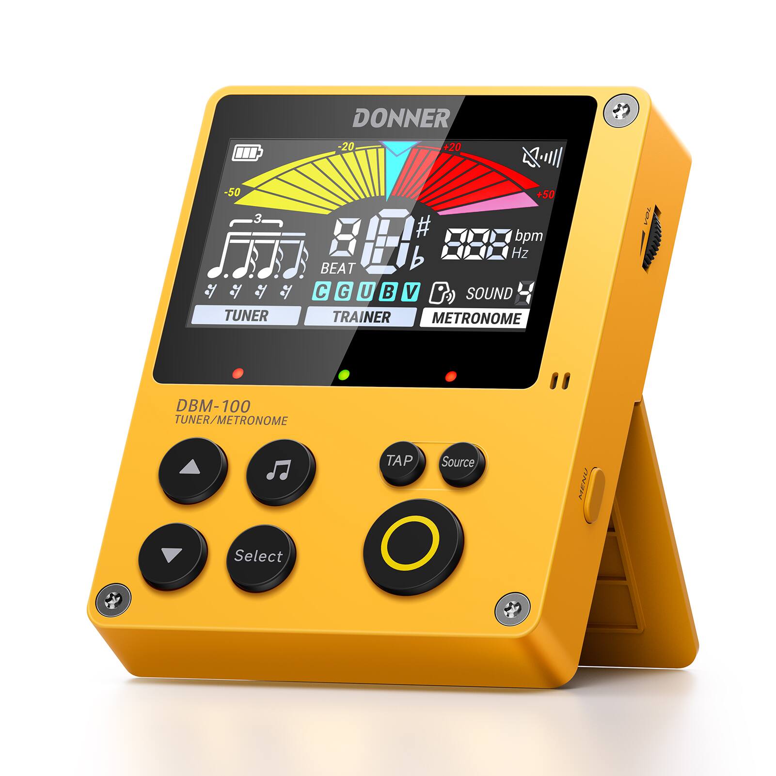 DONNER  
-20 +20  
XII -50 +50  
3.  
# bpm b Hz  
BEAT  
C G U V  
SOUND  
TUNER TRAINER METRONOME  
Are DBM-100 TUNER/METRONOME  
TAP Source MENU Select