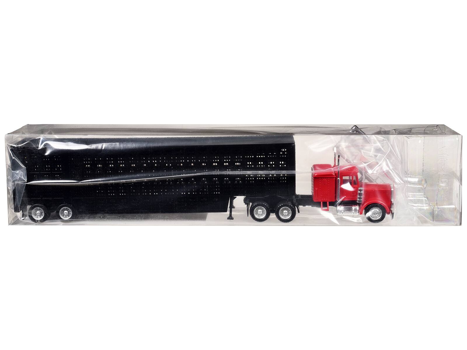 Alt View 2. Promotex - Peterbilt with Sleeper Cab Red with Black Livestock Trailer 1/87 (HO) Plastic Model Car by Promotex.