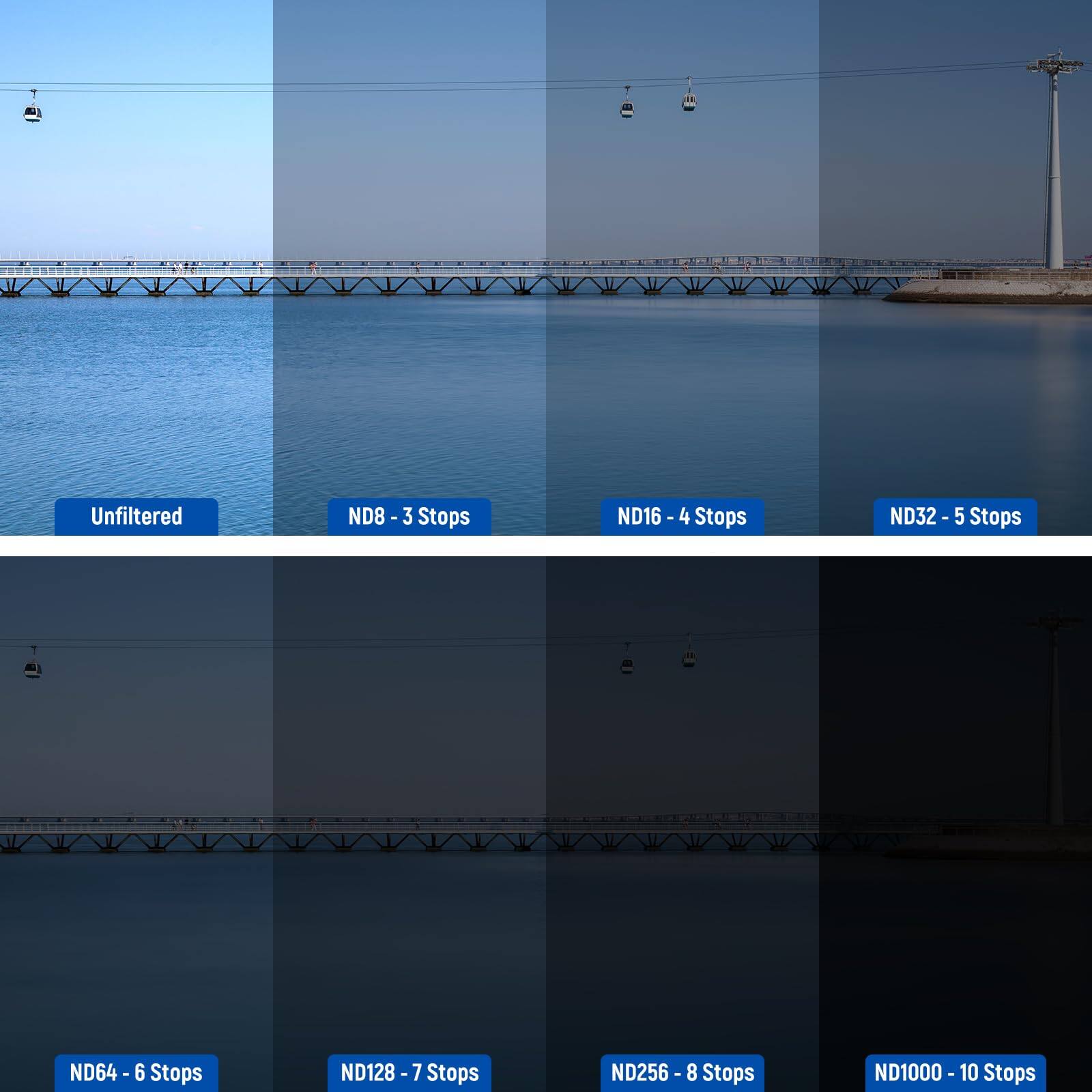 Unfiltered  
ND8 - 3 Stops  
ND16 - 4 Stops  
ND32 - 5 Stops  
ND64 - 6 Stops  
ND128 - 7 Stops  
ND256 - 8 Stops  
ND1000 - 10 Stops