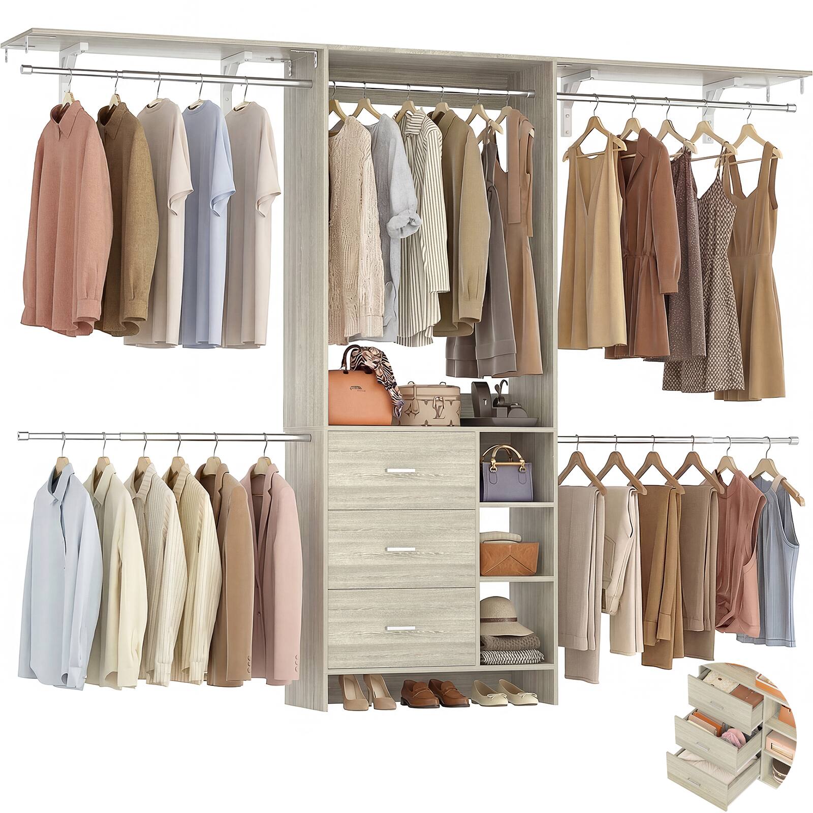 Angle. Aheaplus - 96" Freestanding Closet Organizer: 3 Wood Drawers, Hanging Rods & Shelves. Adjustable (5.3-9ft) - White Oak.