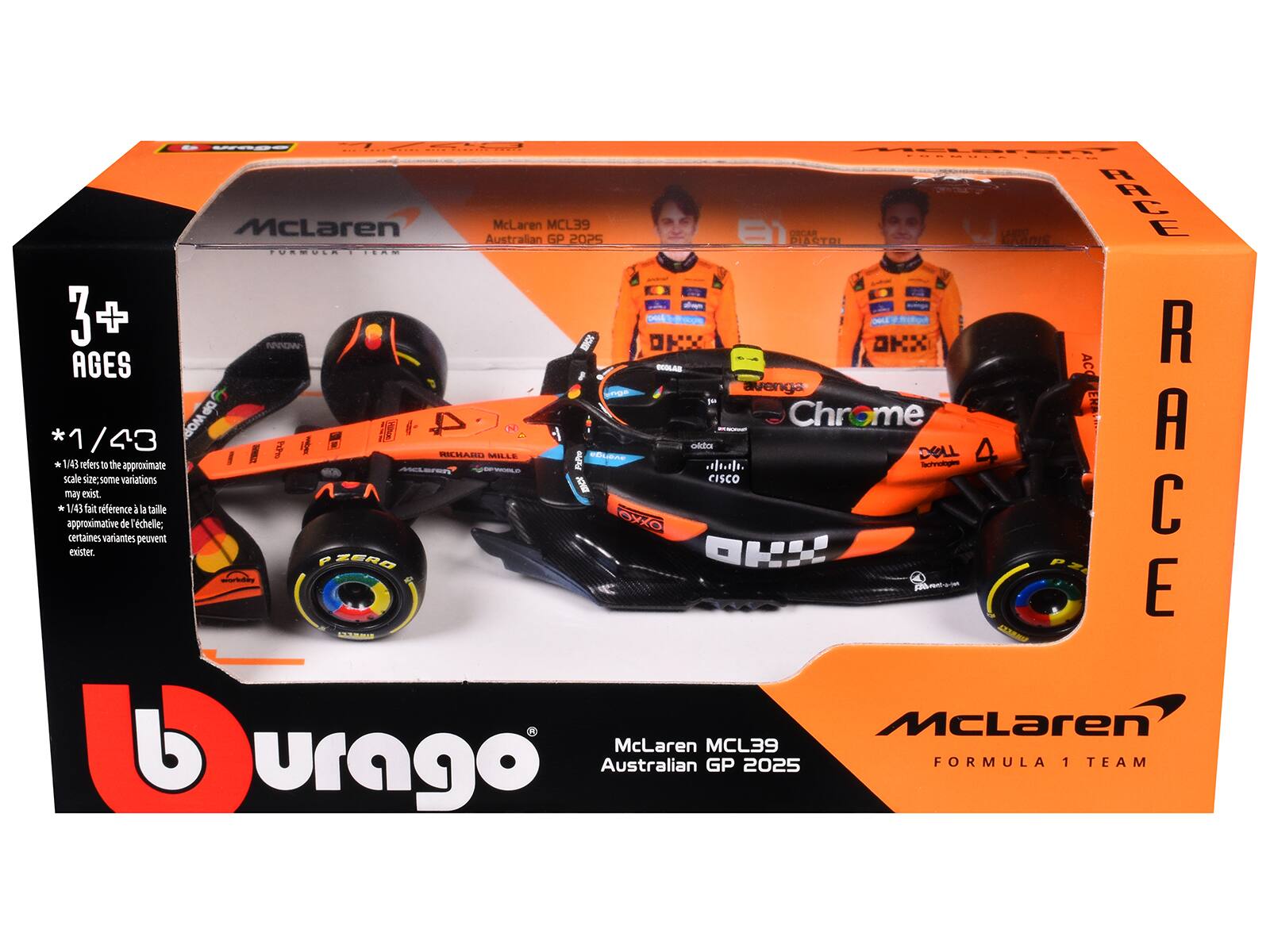 McLaren MCL39 Australian GP 2025

3+ AGES

*1/43 refers to the approximate scale size; some variations may exist.
*1/43 fait référence à la taille approximative de l'échelle; certaines variantes peuvent exister.

McLaren FORMULA 1 TEAM

Burago