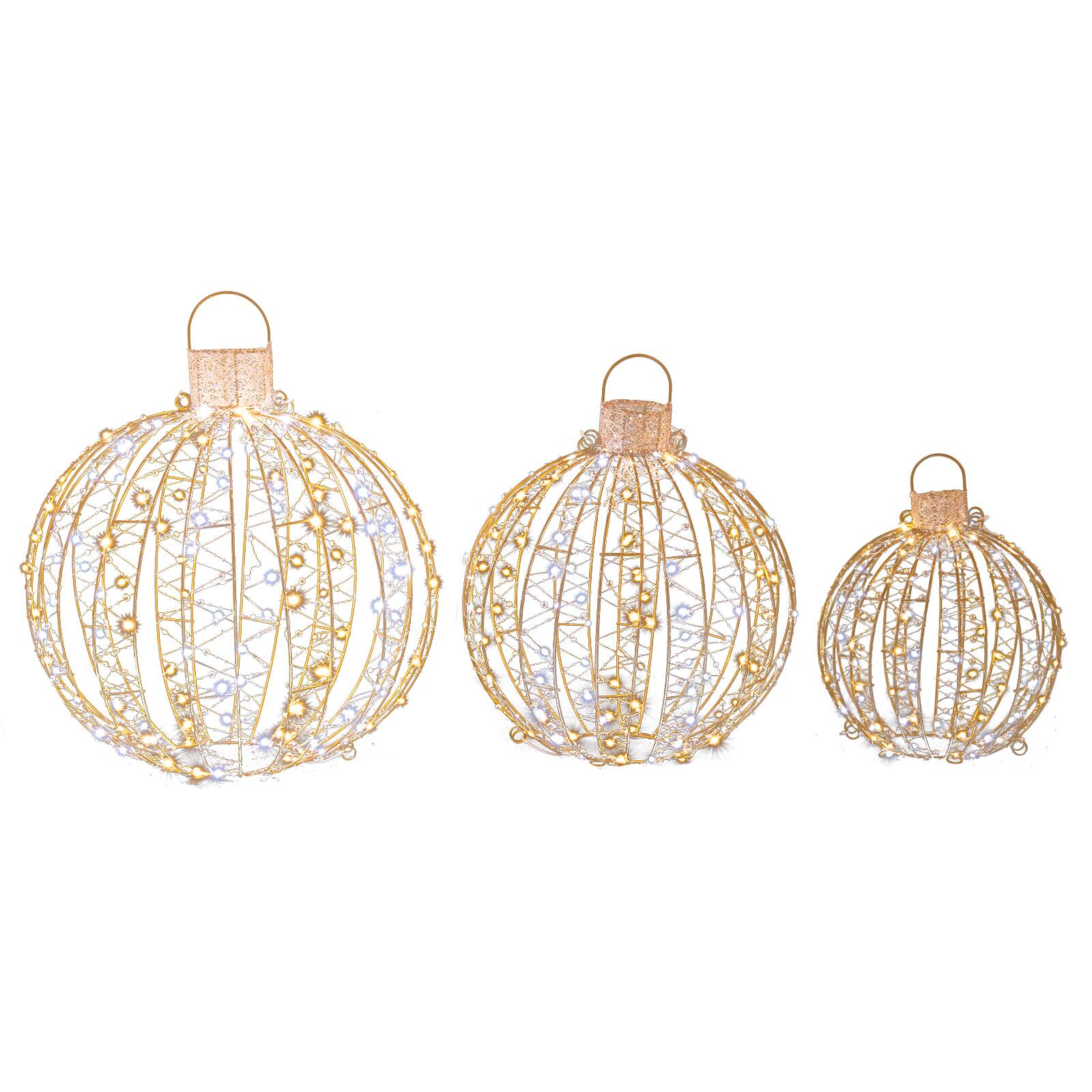 WELLFOR - 3-Piece Christmas LED Light Ball Set with 360 LEDs, Stakes and Cable Ties - Gold