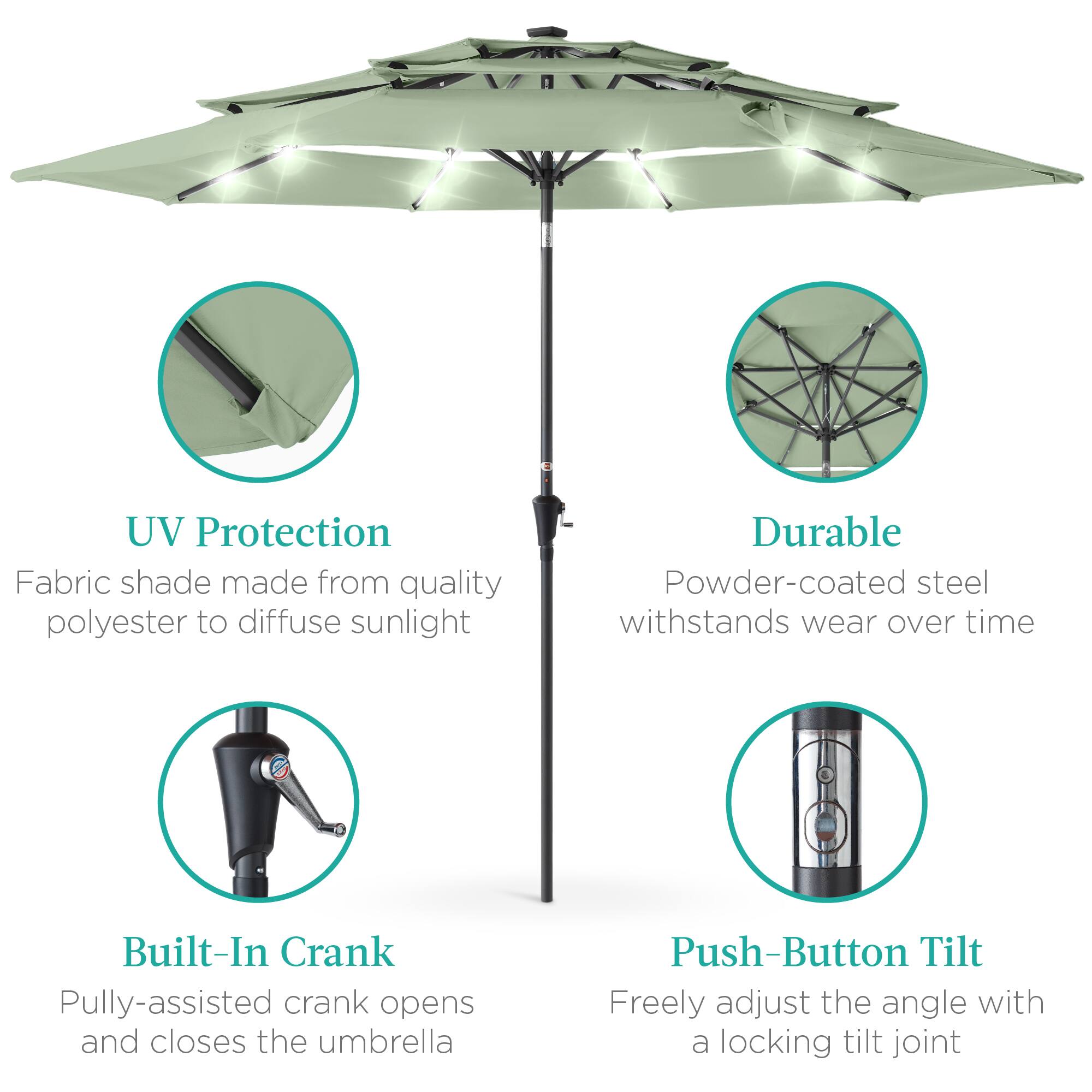 UV Protection: Fabric shade made from quality polyester to diffuse sunlight.  
Durable: Powder-coated steel withstands wear over time.  
Built-In Crank: Pully-assisted crank opens and closes the umbrella.  
Push-Button Tilt: Freely adjust the angle with a locking tilt joint.