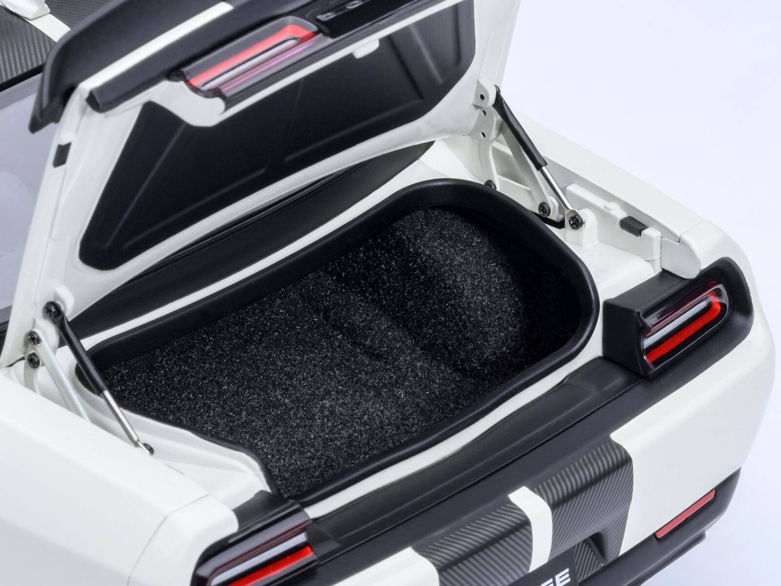 Alt View 1. Autoart - 2023 Dodge Challenger SRT Super Stock Knuckle White with Carbon Stripes 1/18 Model Car by Autoart - White with Carbon Stripes.