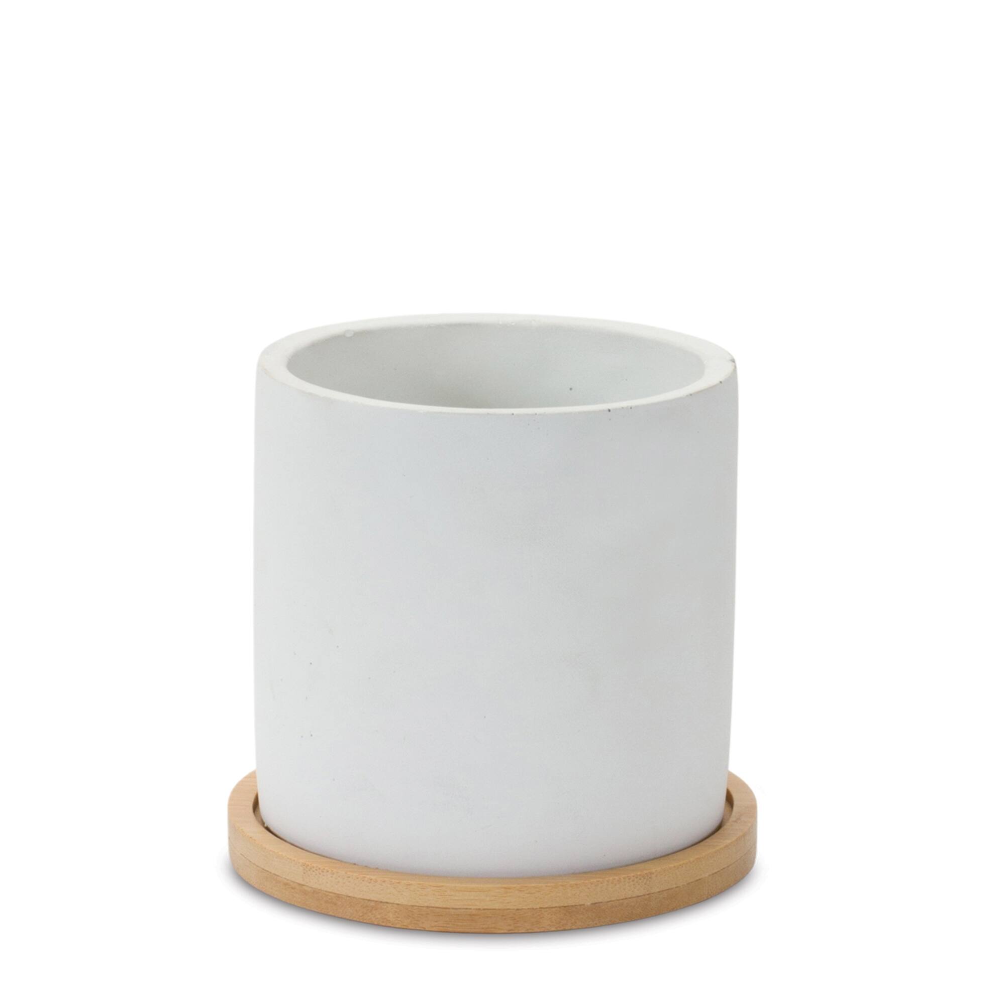 Left. BreeBe - White Stone Planter with Wood Plate (Set of 2) - White, Brown.