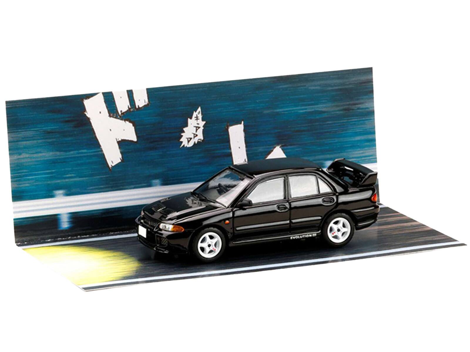 Alt View 4. Hobby Japan - Mitsubishi Lancer RS Evolution III RHD Black "Initial D" (1995-2013) Manga Diorama Set 1/64 Model Car by Hobby Japan.