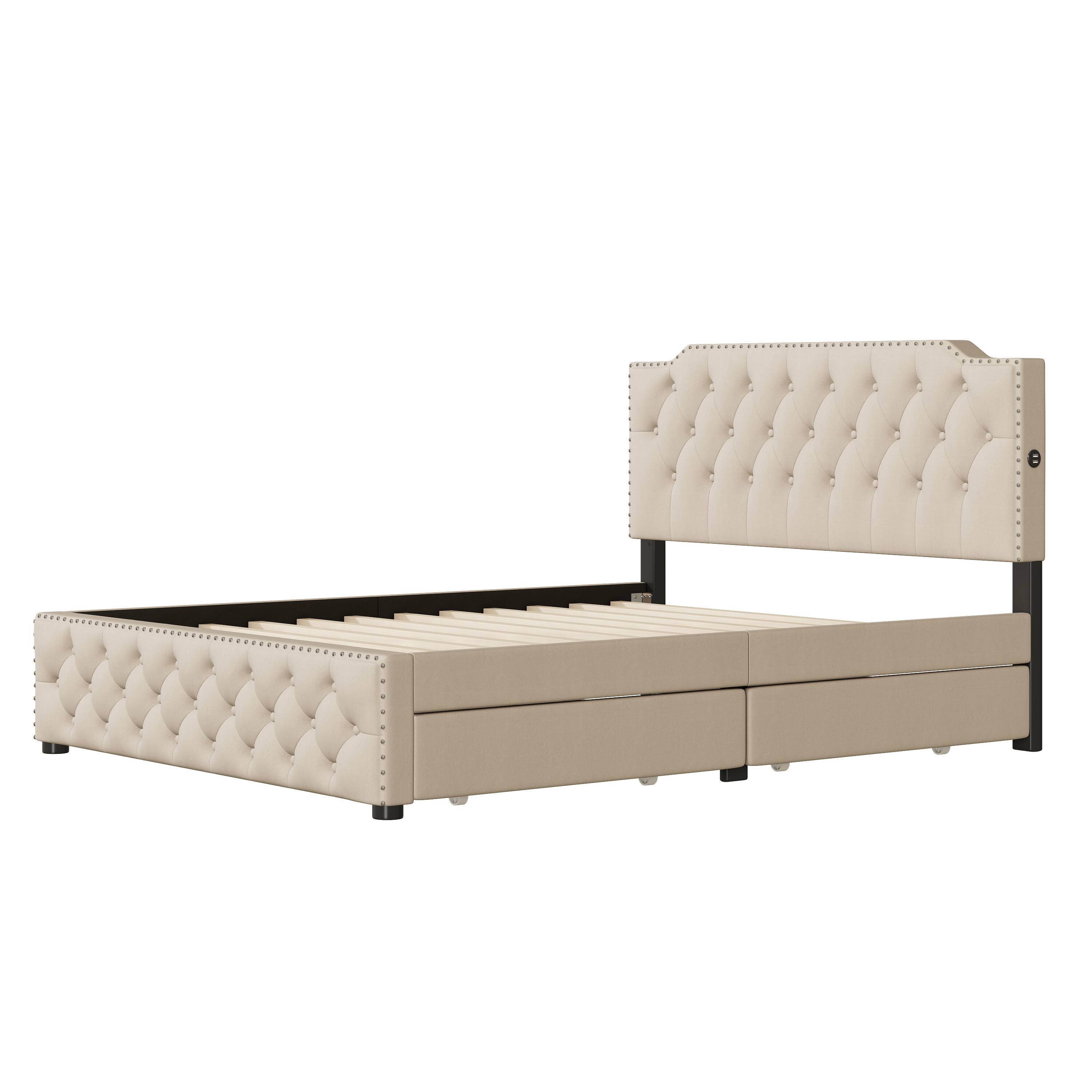 Alt View 8. Tiramisubest - Queen Size Upholstered Platform Bed with 2 Drawers and 2 sets of USB Ports on each side, Linen Fabric, Beige - Beige.