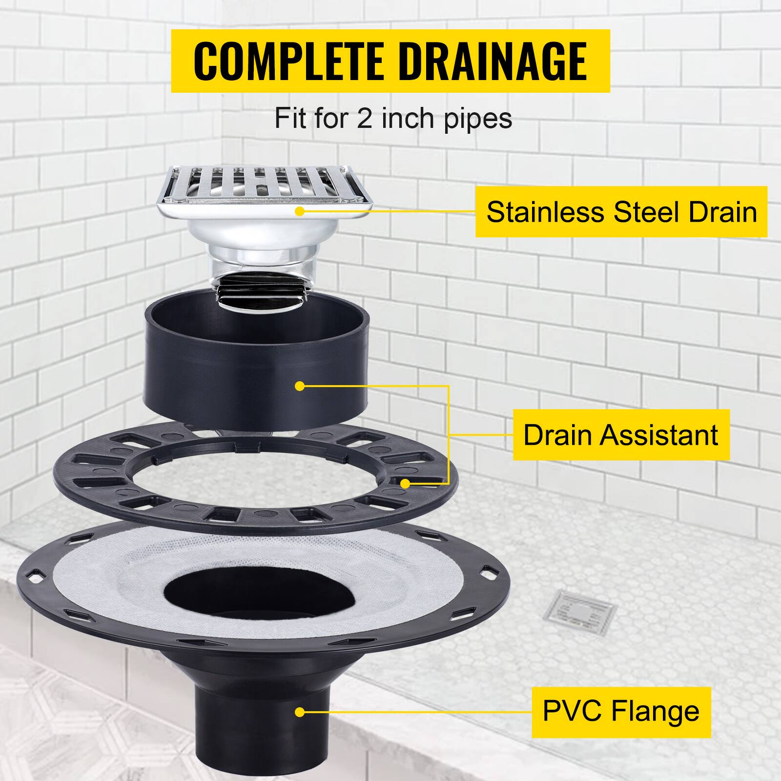 COMPLETE DRAINAGE  
Fit for 2 inch pipes  
Stainless Steel Drain  
Drain Assistant  
PVC Flange