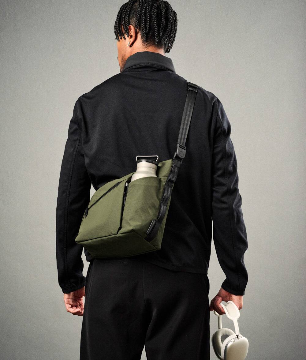 Left. ALPAKA - Flow Satchel 4L Crossbody Bag, Water Resistant Shoulder Bag, Expandable Bottle Pocket, YKK Zippers - Green Axoflux 210D.