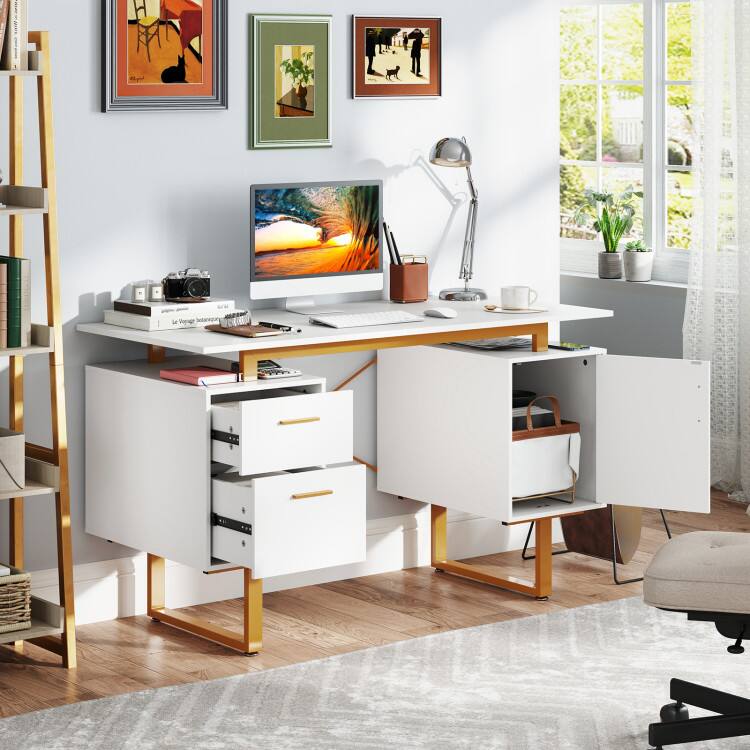 Left. SlickBlue - Computer Desk with Floating Desktop and Dual Drawers for Home or Office - White.