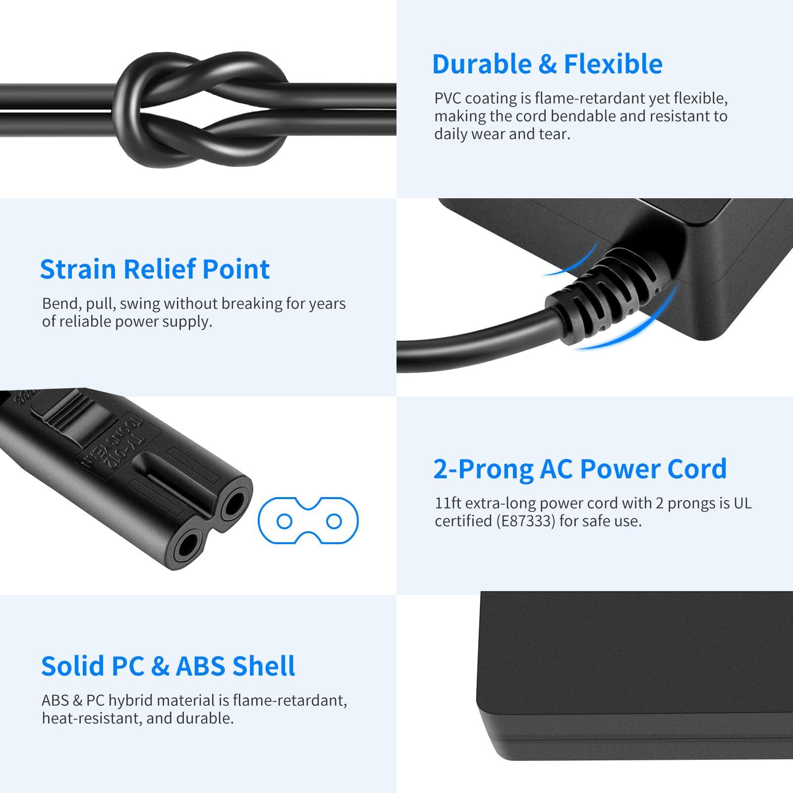 - **Durable & Flexible PVC Coating**: Flame-retardant yet flexible, making the cord bendable and resistant to daily wear and tear.
- **Strain Relief Point**: Bend, pull, swing without breaking for years of reliable power supply.
- **2-Prong AC Power Cord**: 11ft extra-long power cord with 2 prongs is UL certified (E87333) for safe use.
- **Solid PC & ABS Shell**: ABS & PC hybrid material is flame-retardant, heat-resistant, and durable.
