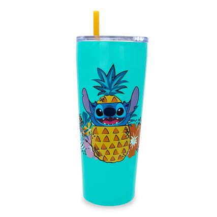 Front. Disney - Disney Lilo & Stitch "Ohana Means Family" Double-Walled Stainless Steel Tumbler - Blue.
