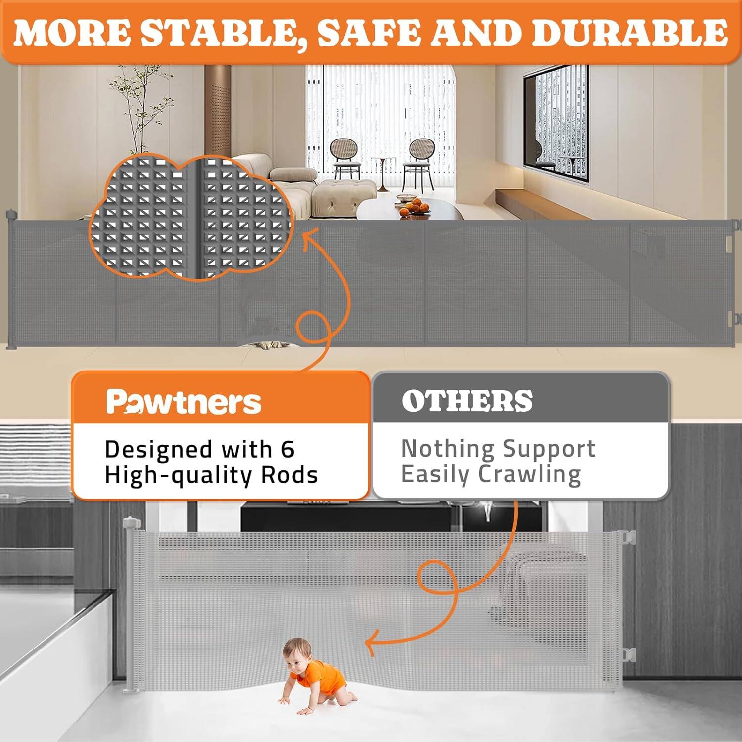MORE STABLE, SAFE AND DURABLE
Pawtners: Designed with 6 High-quality Rods
OTHERS: Nothing Support Easily Crawling