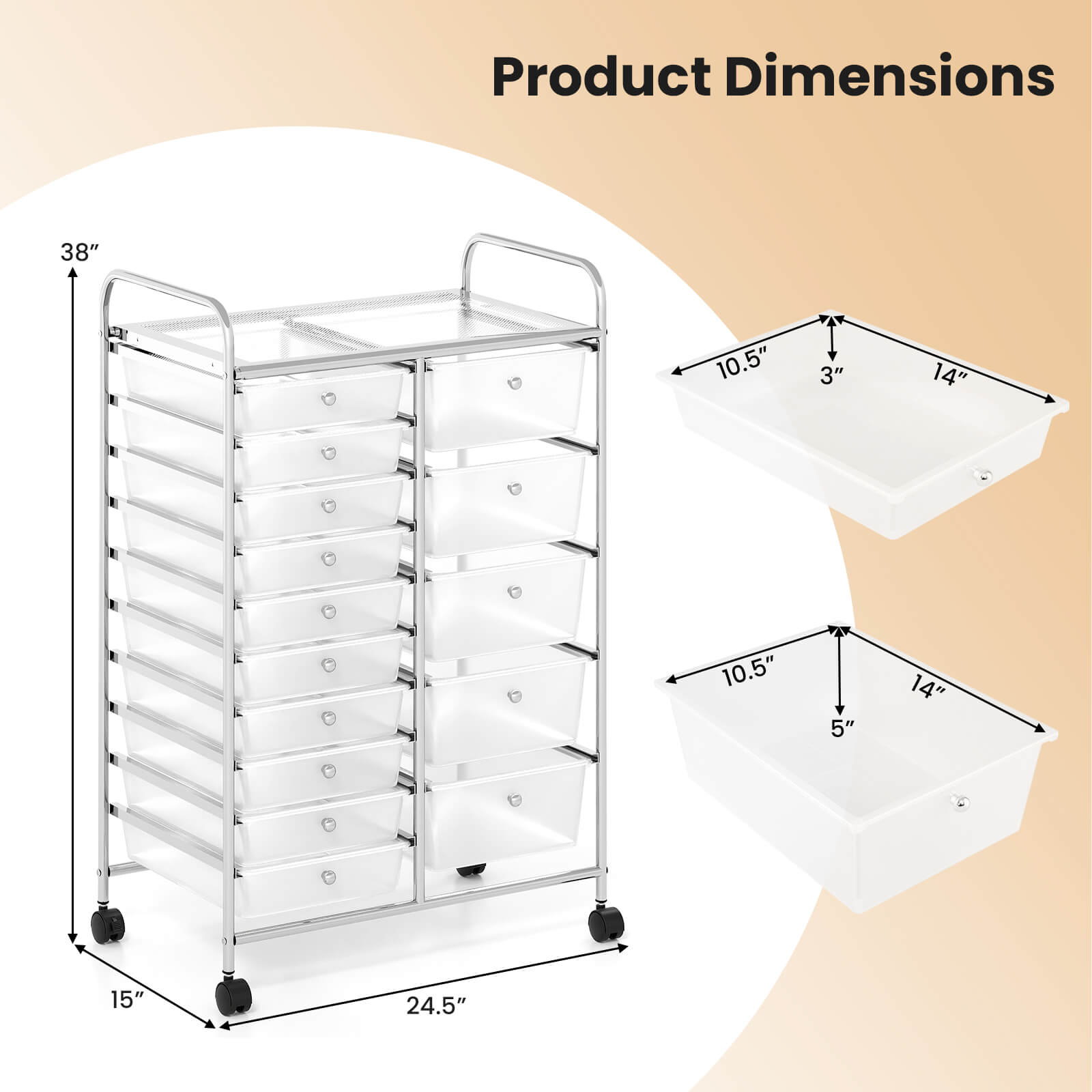 Product Dimensions:  
- Height: 38"  
- Width: 24.5"  
- Depth: 15"  
- Drawer 1: 10.5" (width) x 14" (depth) x 3" (height)  
- Drawer 2: 10.5" (width) x 14" (depth) x 5" (height)