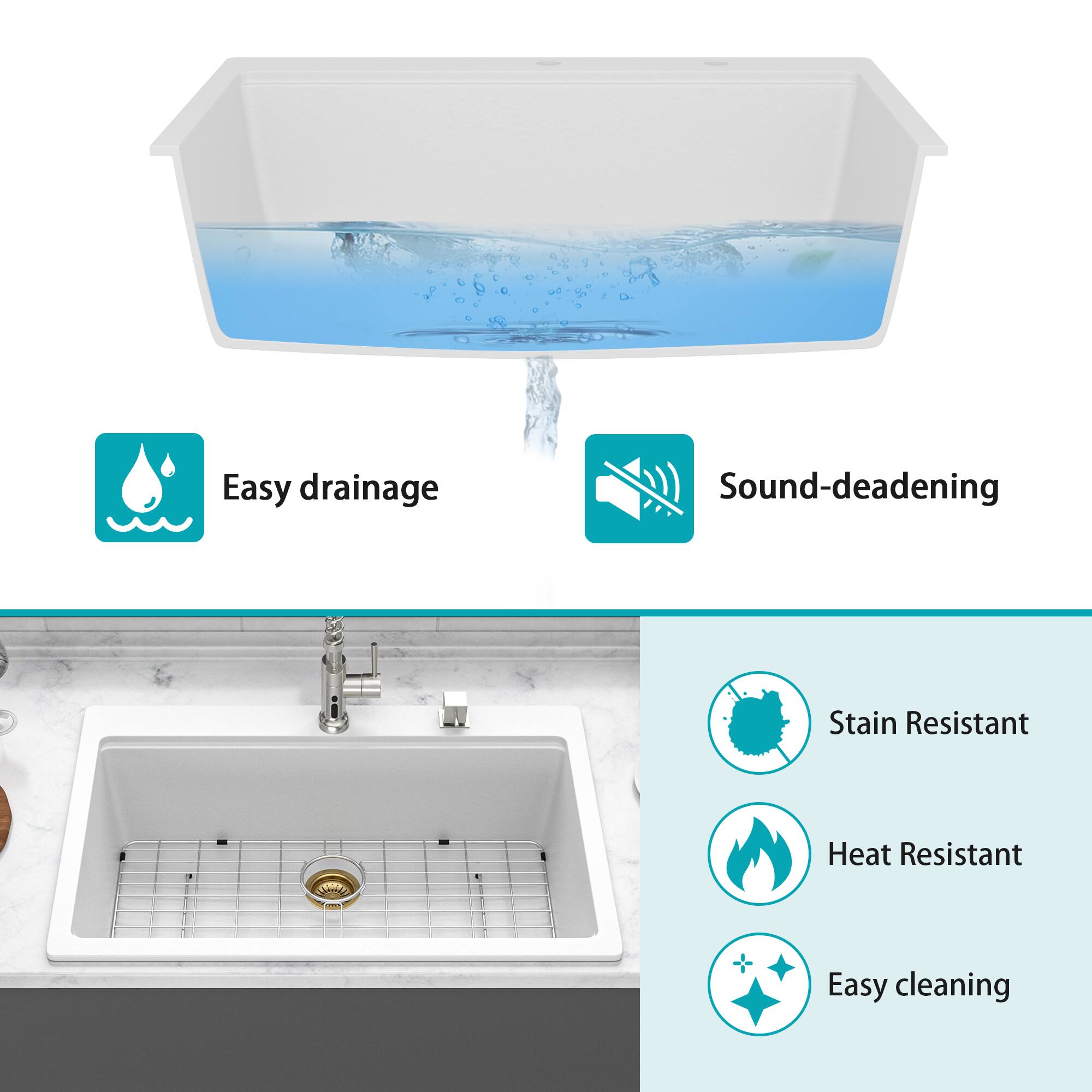 Easy drainage  
Sound-deadening  
Stain Resistant  
Heat Resistant  
Easy cleaning
