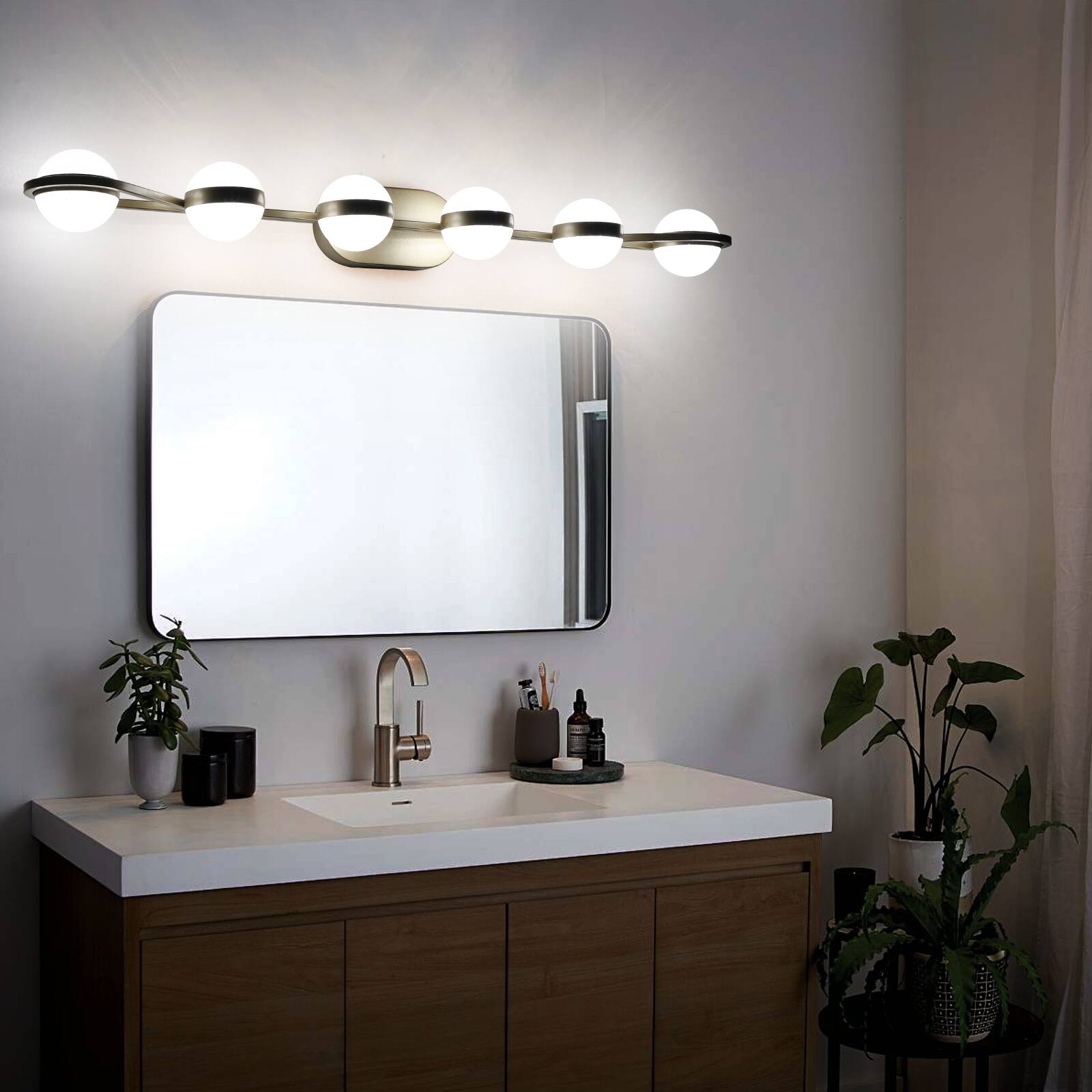 Left. APRILSOUL - 43 Inch Gold Minimalist LED Bathroom Vanity Light with Crystal Sand Acrylic Shades 6-Light Wall Mounted.