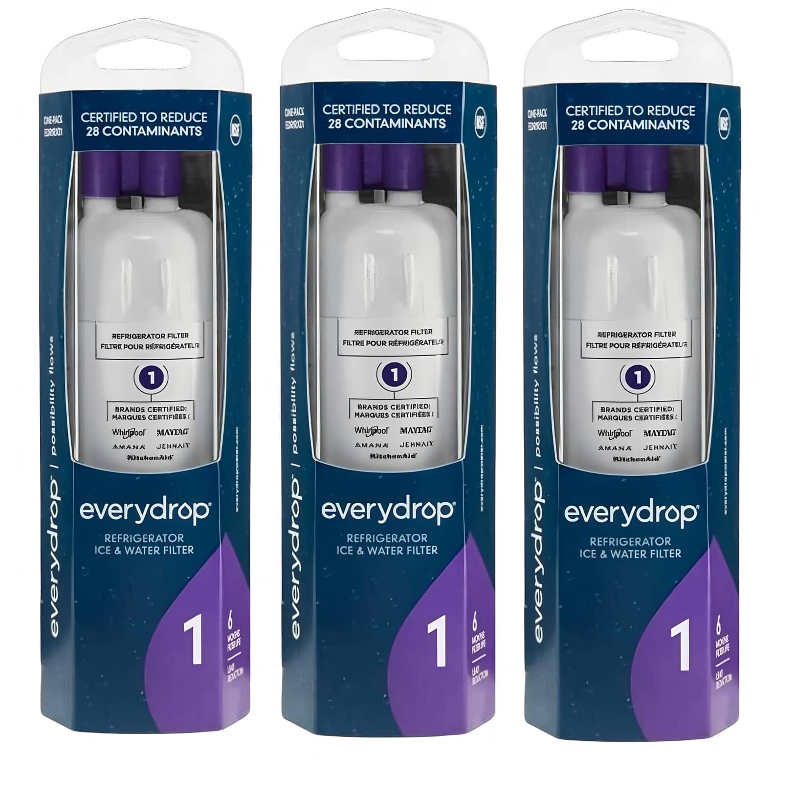 CERTIFIED TO REDUCE 28 CONTAMINANTS

REFRIGERATOR FILTER  
FILTRE POUR REFRIGERATEUR

BRANDS CERTIFIED  
MARQUES CERTIFIEES  
Whirlpool  
MAYTAG  
AMANA  
JENNAIT  
KitchenAid

everydrop  
REFRIGERATOR ICE & WATER FILTER

1  
6 MONTH FILTER
