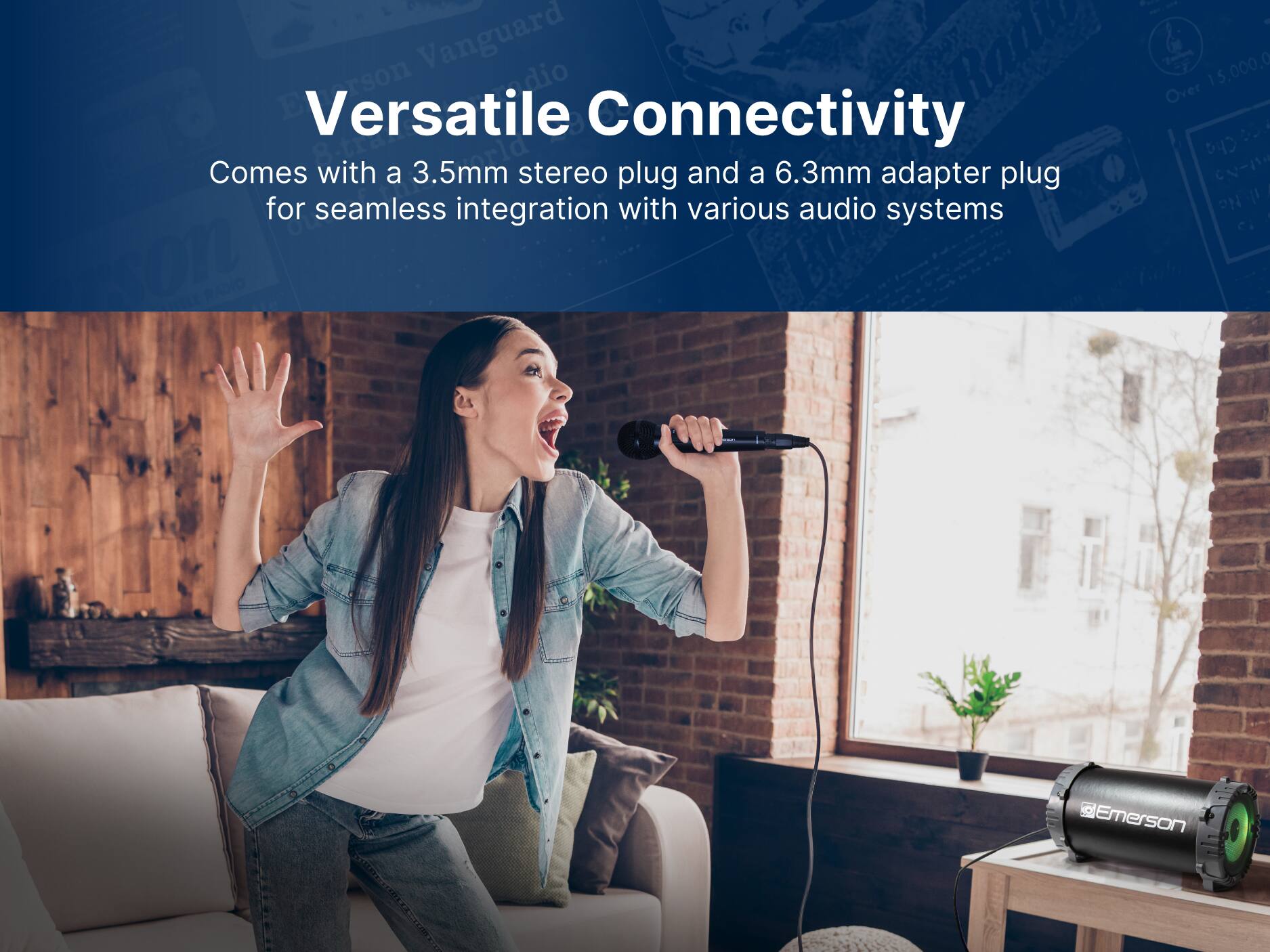 Versatile Connectivity, Comes with a 3.5mm stereo plug and a 6.3mm adapter plug for seamless integration with various audio systems, Emerson