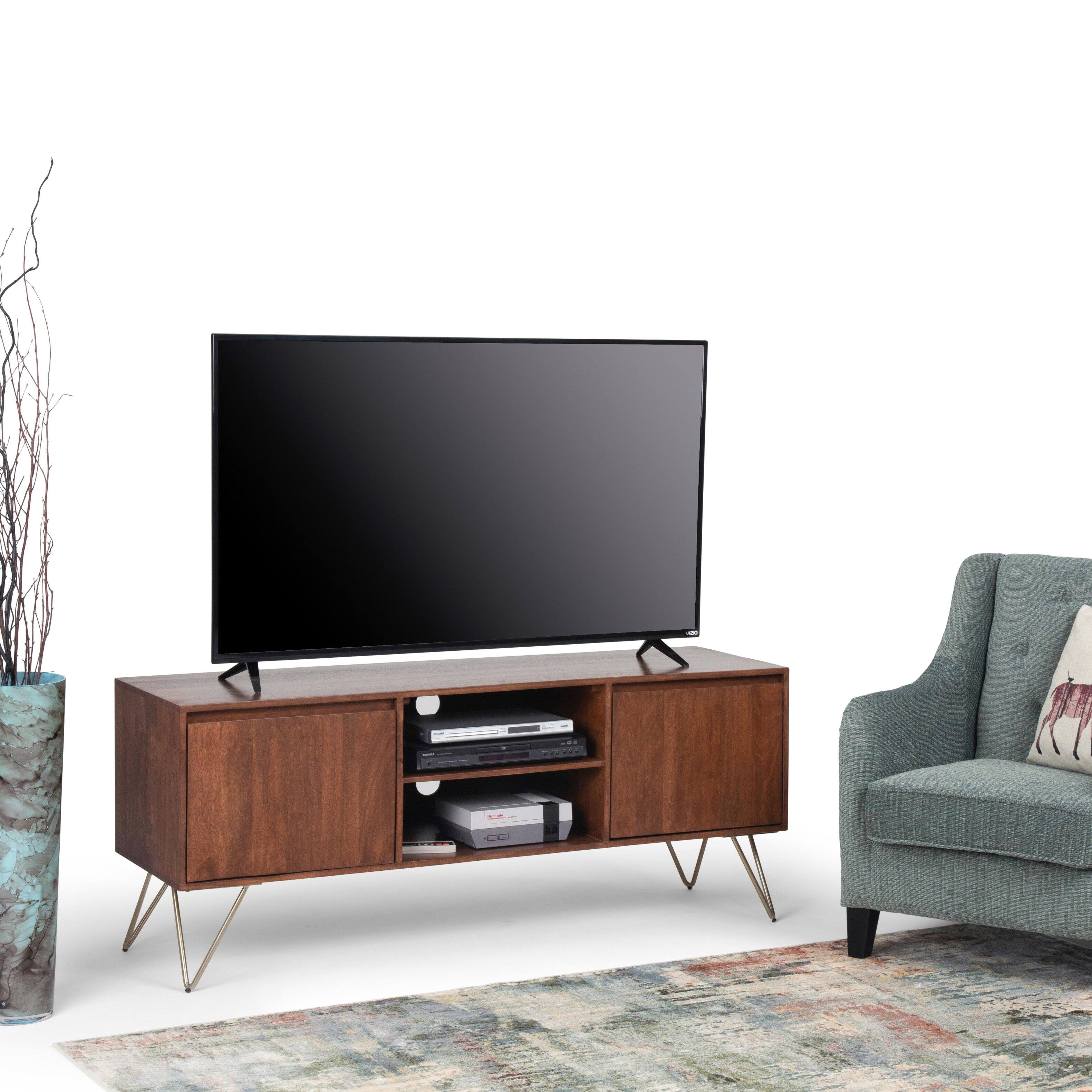 Angle. Simpli Home - Hunter SOLID MANGO WOOD TV Media Stand in Umber Brown, Gold For TVs up to 65 inches - Umber Brown, Gold.