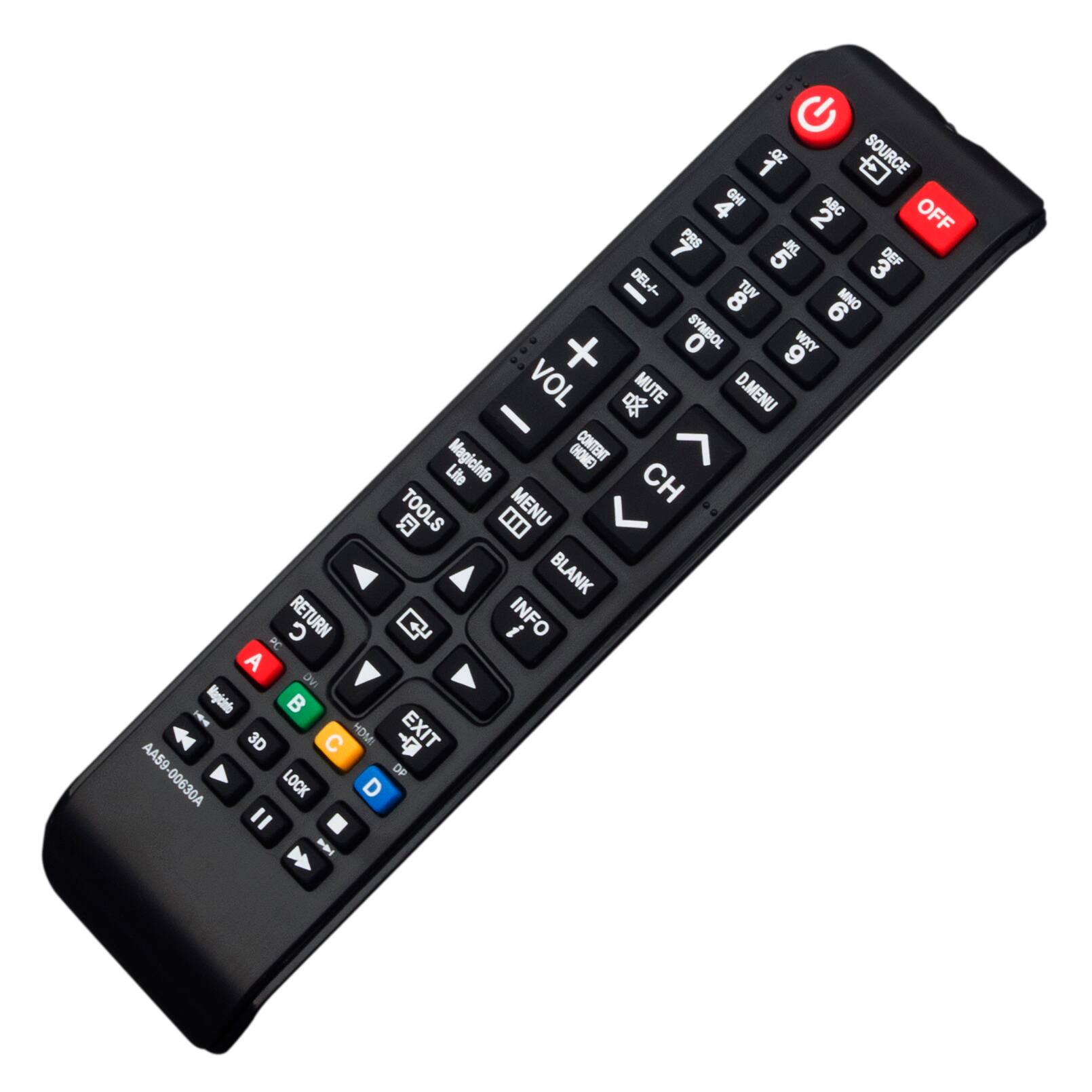 1 Oz SOURCE 4 GH ABC 2 OFF 7 C JKL DEF DEL-- TUV MNO 8 6 0 SYMBOL WXY + 9 VOL  MUTE D.MENU - Magicinfo (HOME) CONTENT Lite CH Q TOOLS  MENU .. BLANK  RETURN Q i INFO PC A DV I   3D C HDMI 0- EXIT AA59 DF 00630A LOCK D " -