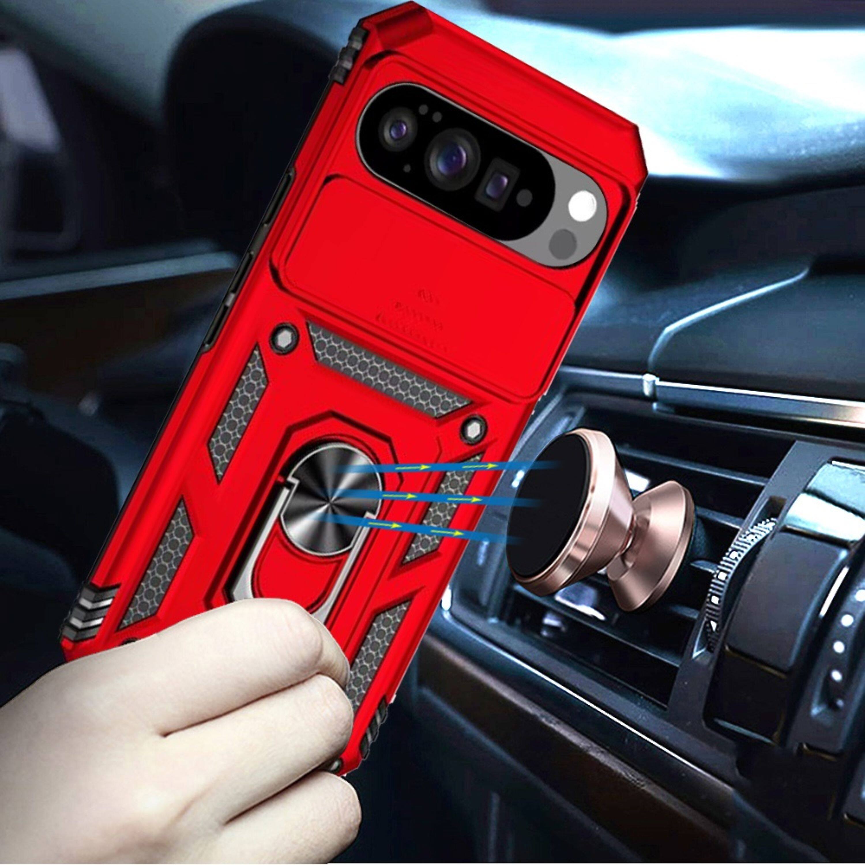 Left. Kitcheniva - Premium Shockproof Ring Stand Camera Lens Cover With Tempered Glass For Google Pixel 10/10 Pro Red - Red.