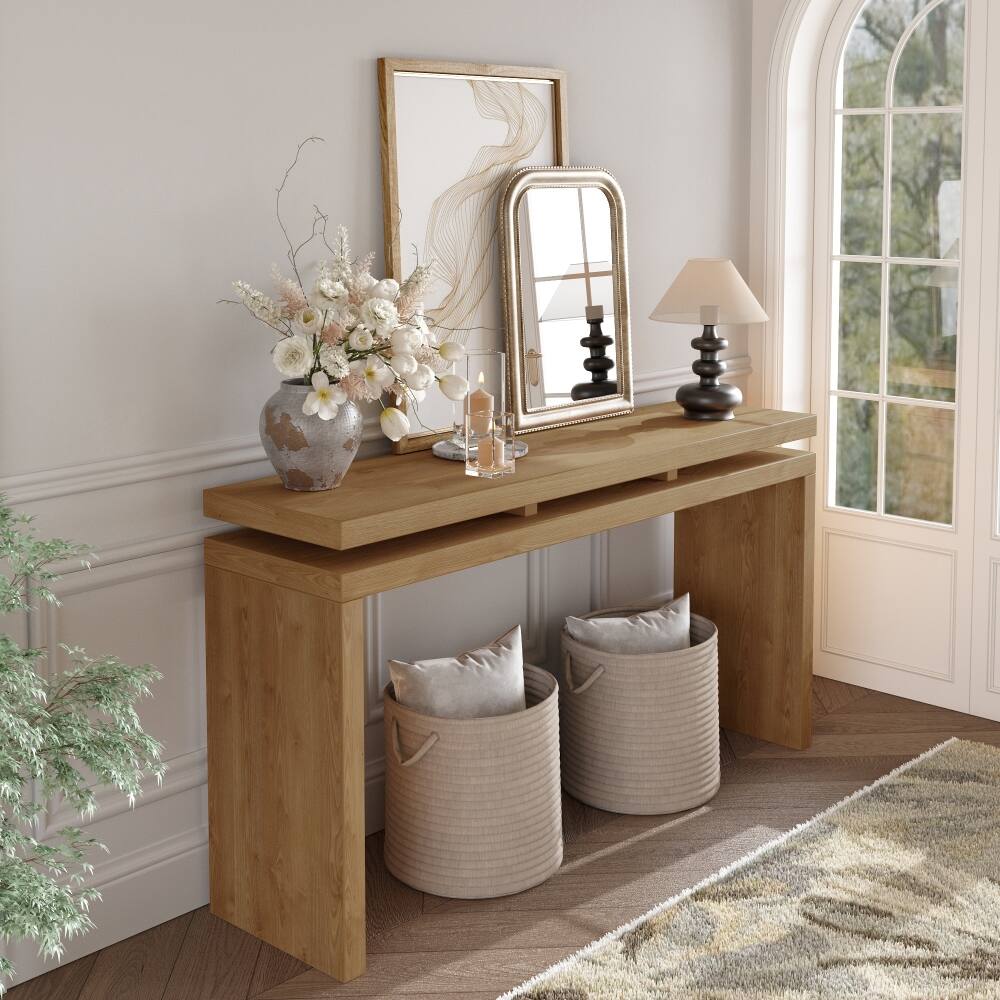 Back. Loheer - Loheer 60 inch farmhouse console table with double board suspension design and solid wood frame - Antique Brown.