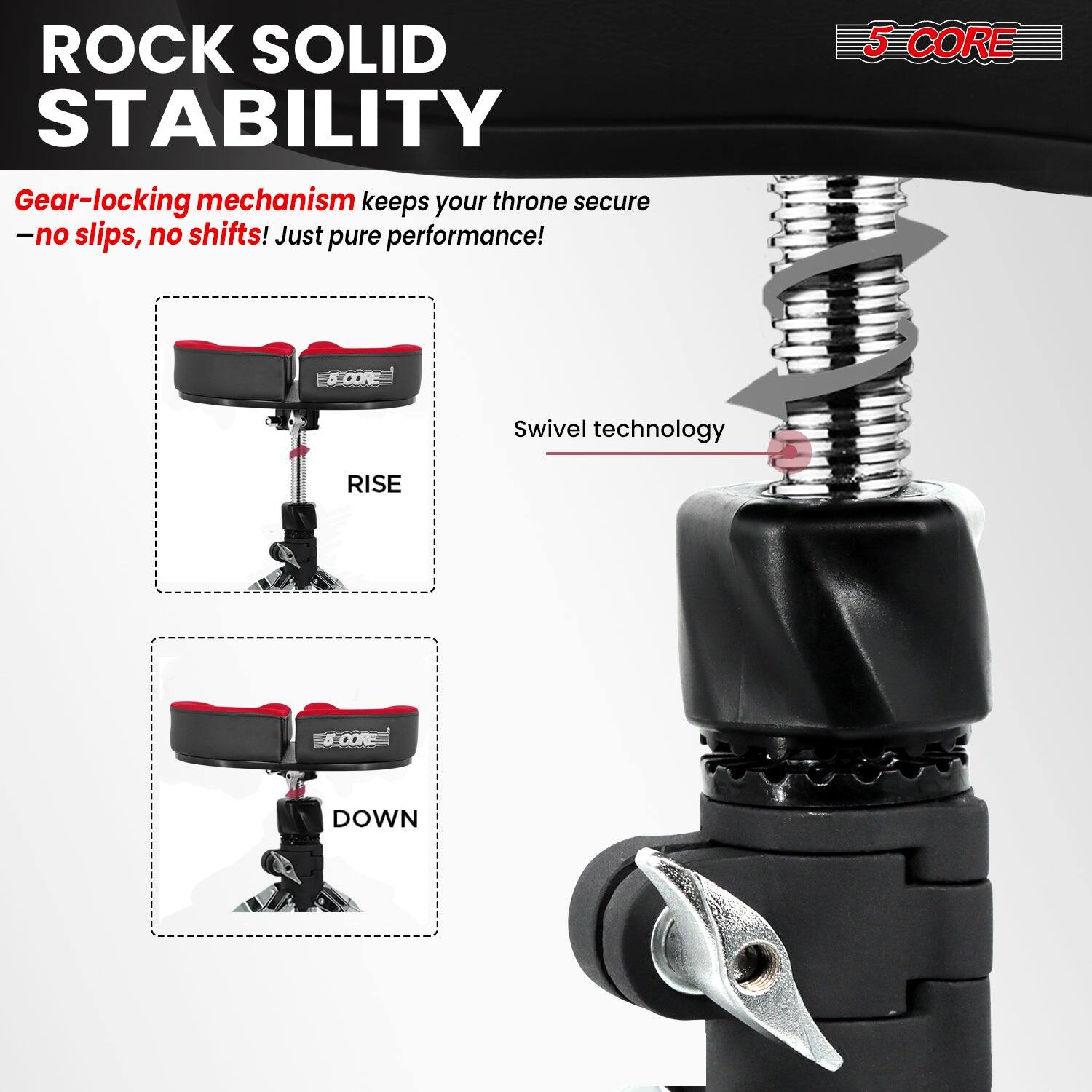 ROCK SOLID STABILITY

Gear-locking mechanism keeps your throne secure - no slips, no shifts! Just pure performance!

5 CORE Swivel technology

RISE

DOWN