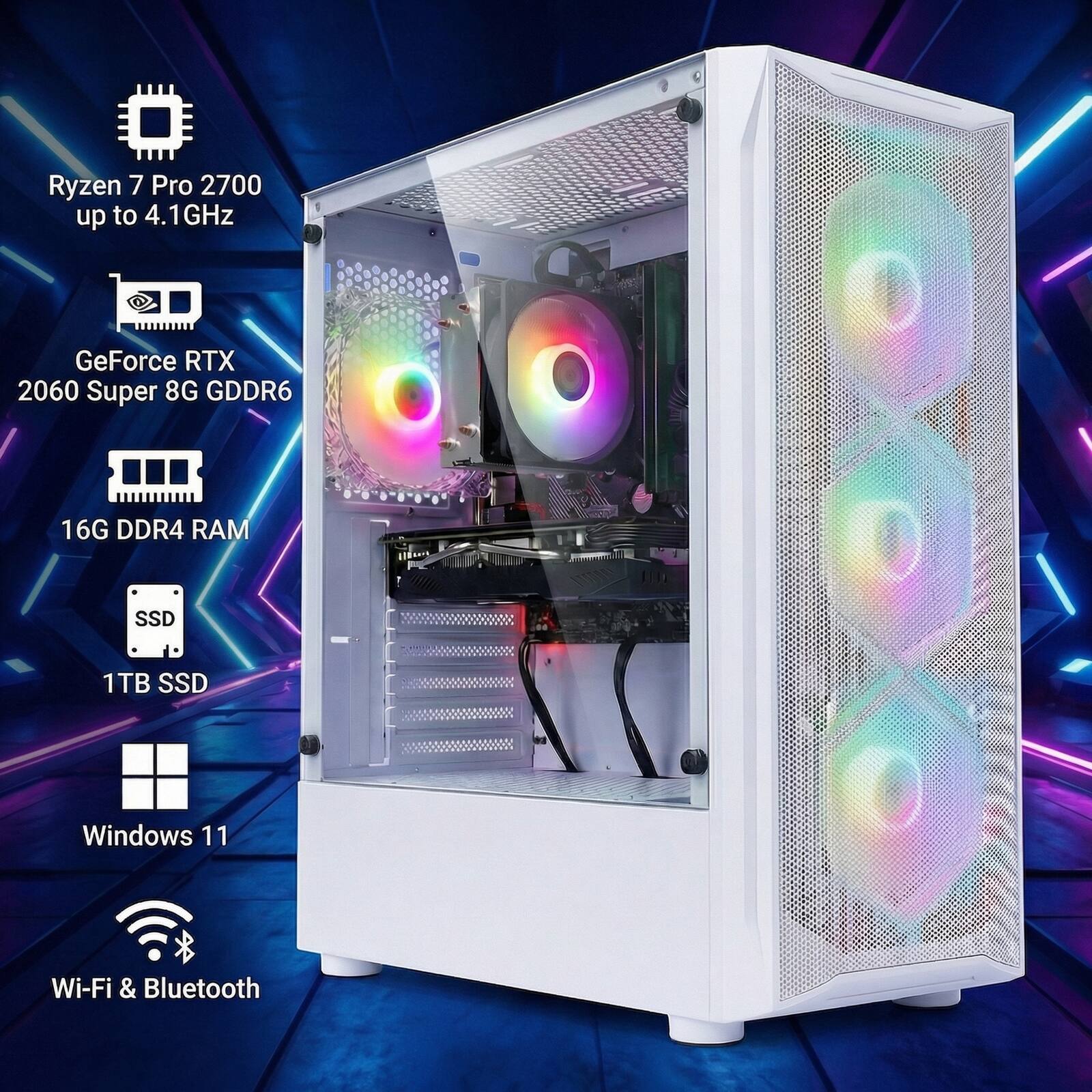 Ryzen 7 Pro 2700 up to 4.1GHz  
GeForce RTX 2060 Super 8G GDDR6  
16G DDR4 RAM  
1TB SSD  
Windows 11  
Wi-Fi & Bluetooth