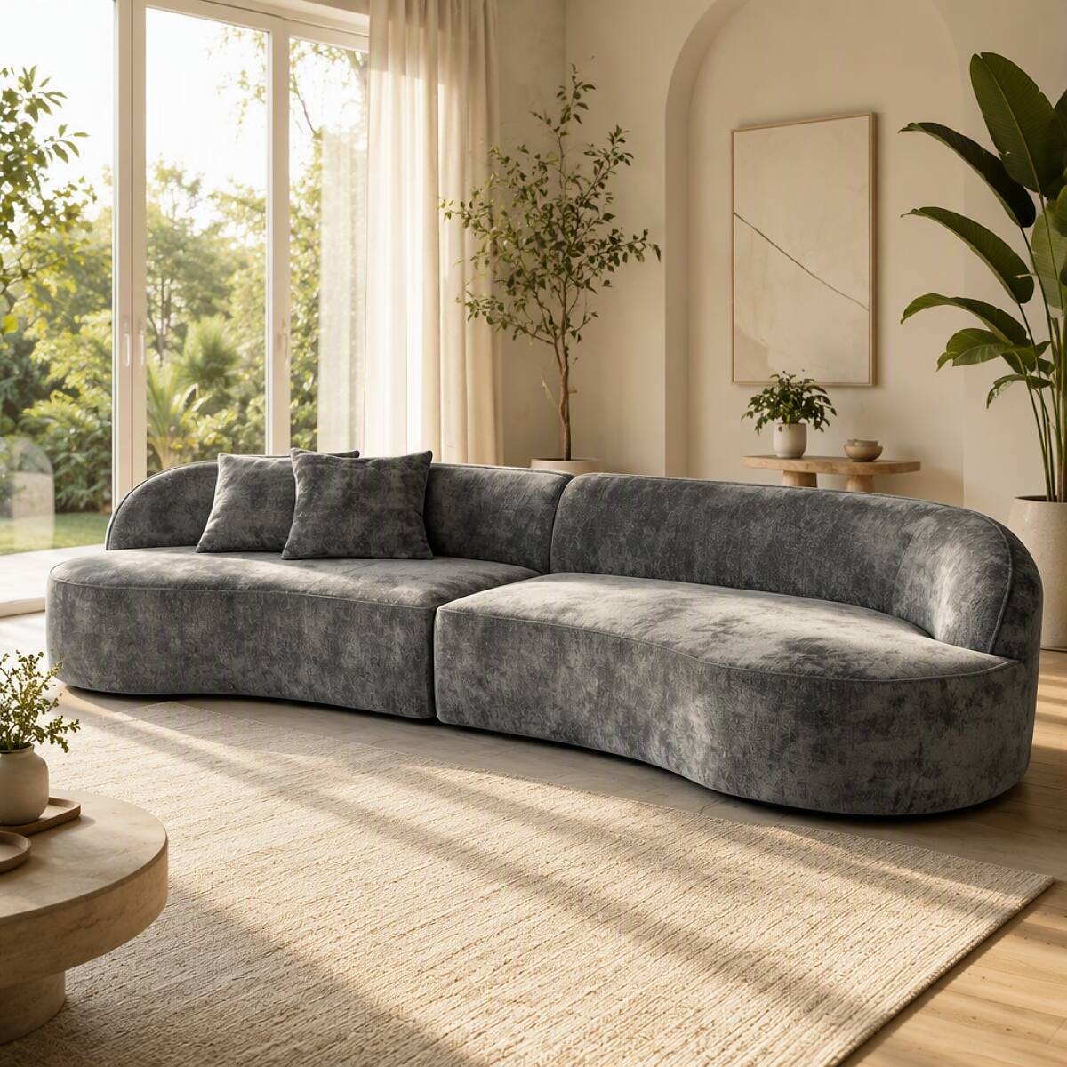 Angle. Ropilly - Ropilly Curved Sectional Sofa, Dark Grey Chenille Couch with Deep Seats, Modern 4 Seat Modular Sofa - Dark Grey.