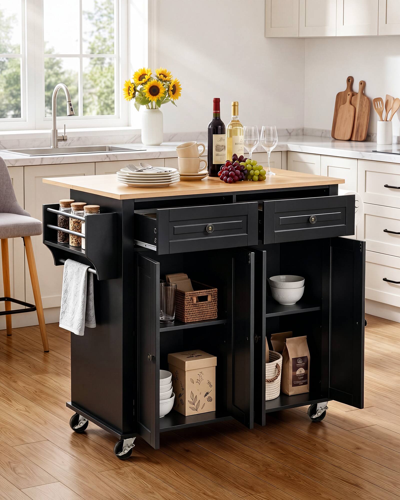 Angle. VEVOR - Kitchen Island Cart with Storage, 43.58 in Wide Mobile Rolling Storage Island on Swivel Wheels, with 2 Drawers - Black.